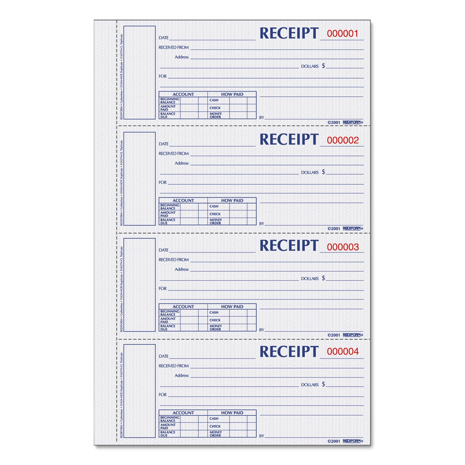 200 Sheet(s) - 3 Part - Carbonless Copy - 2.75" x 6.87" Form Size - 8" x 11" Sheet Size - White, Canary, Pink - Red Print Color - 1 Each