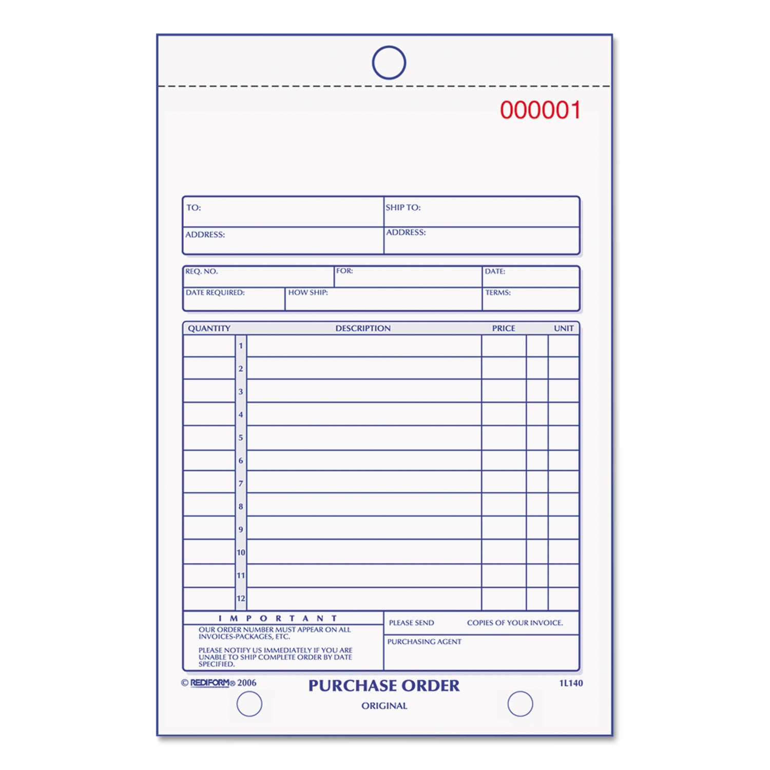 Rediform 2-part Carbonless Purchase Order Book - 50 Sheet(s) - 2 Part - Carbonless Copy - 5.50" x 7.87" Sheet Size - Assorted Sheet(s) - Blue Print Color - 1 Each