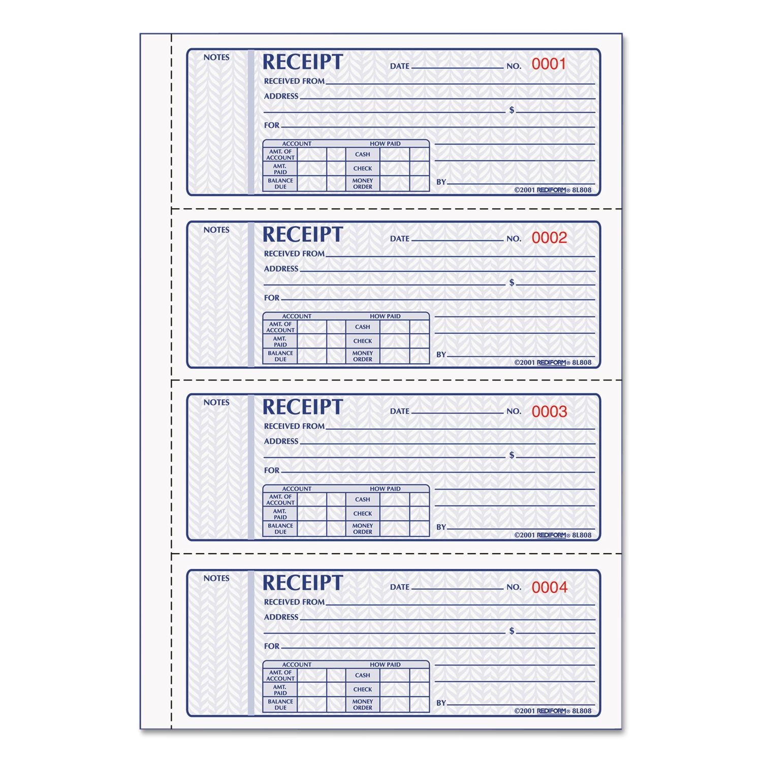 100 Sheet(s) - Book Bound - 3 Part - Carbonless Copy - 7" x 2.75" Sheet Size - Assorted Sheet(s) - Red, Blue Print Color - 1 Each