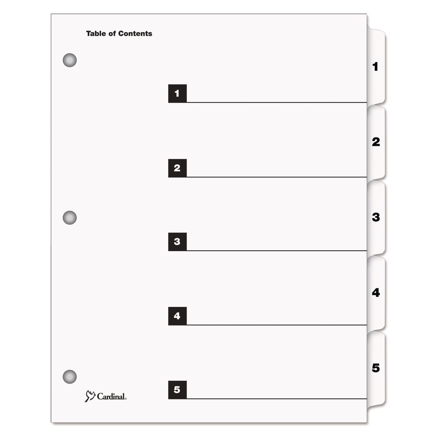Cardinal OneStep Numbered Index System, 5 Dividers, 5 Tabs (1-5), Letter Size, White, 3-Hole Punched, Reinforced Tabs and Edges, 1 Set