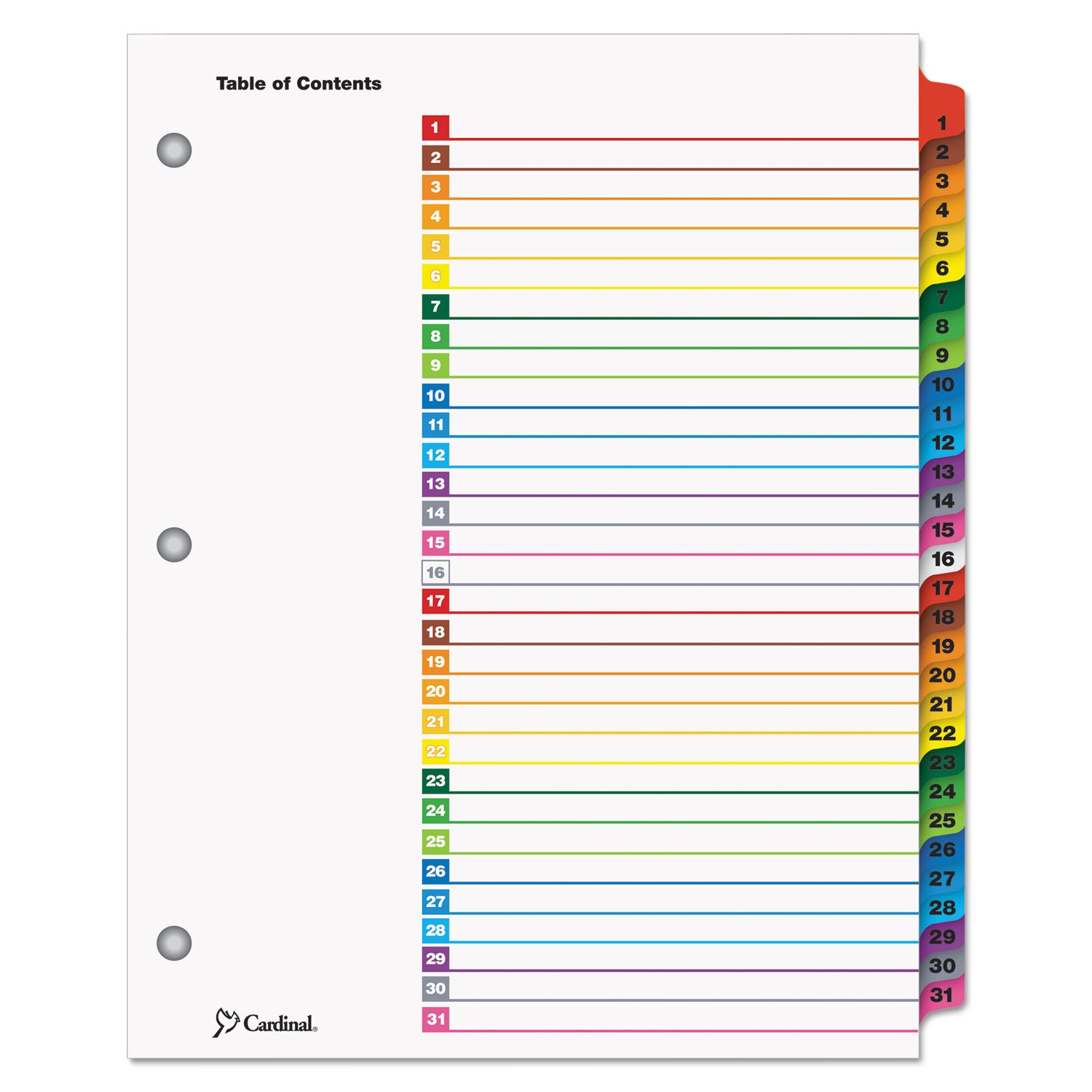 Cardinal OneStep Daily Index System, 31 Dividers, 1 Set, Letter Size, White with Multicolor Mylar Tabs, 3-Hole Punched, Reinforced Tabs and Edges