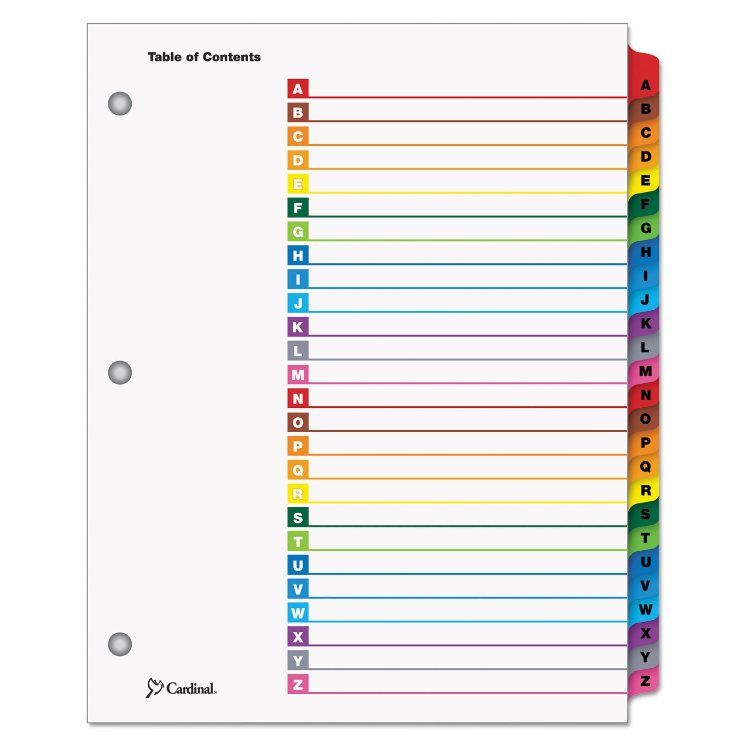 26 x Divider(s) - Printed Tab(s) - Character - A-Z - 26 Tab(s)/Set - 9" Divider Width x 11" Divider Length - Letter - 8.50" Width x 11" Length - 3 Hole Punched - White Divider - Multicolor Mylar Tab(s) - Reinforced Tab, Reinforced Edges - 1 Set