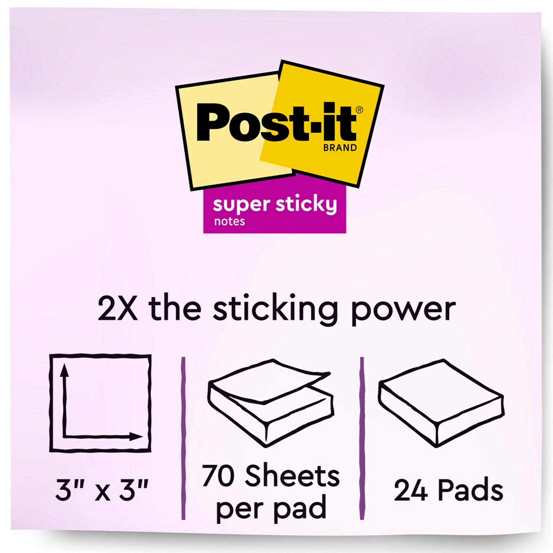 Super Sticky Notes, 3 in x 3 in, Energy Boost Collection, 70 Sheets/Pad, 24 Pads/Pack