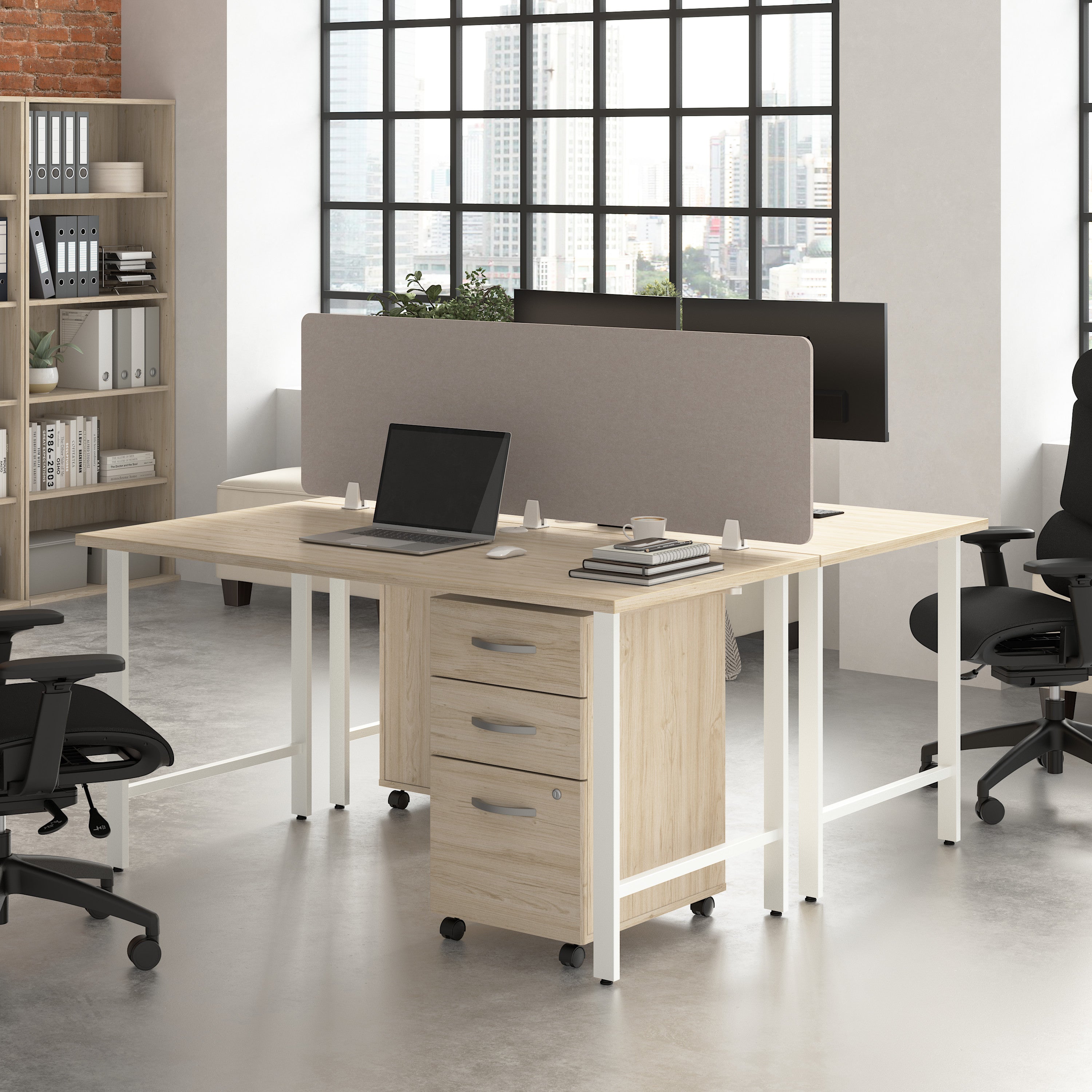 Bush Business Furniture Hustle 2 Person Computer Desk with Mobile File Cabinets, Power Grommets, and Privacy Screen in Natural Elm - 59.44" Width x 29.37" Depth x 30.07" Height