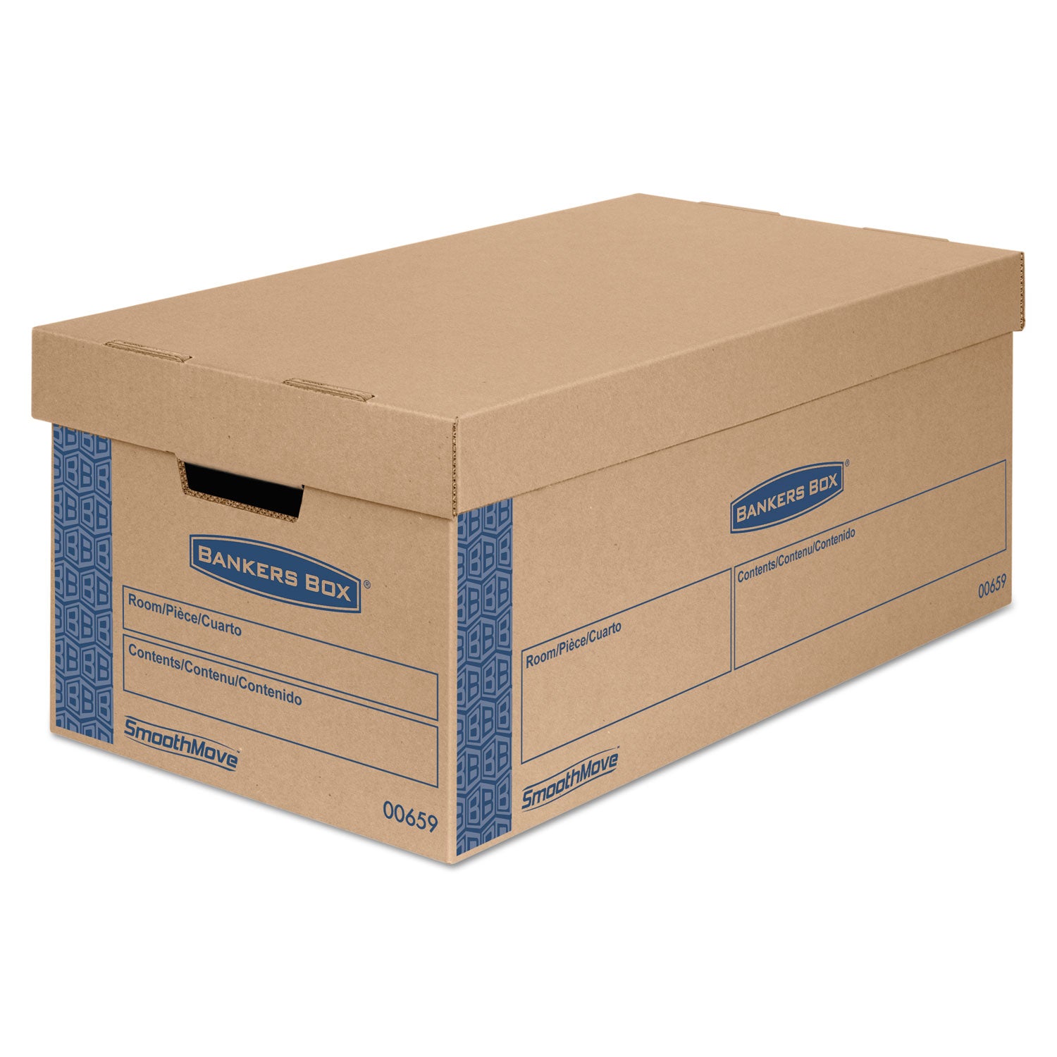 Bankers Box SmoothMove Moving Boxes, Double Wall, Lid Lock, Letter Size, Kraft/Blue, 8/Carton
