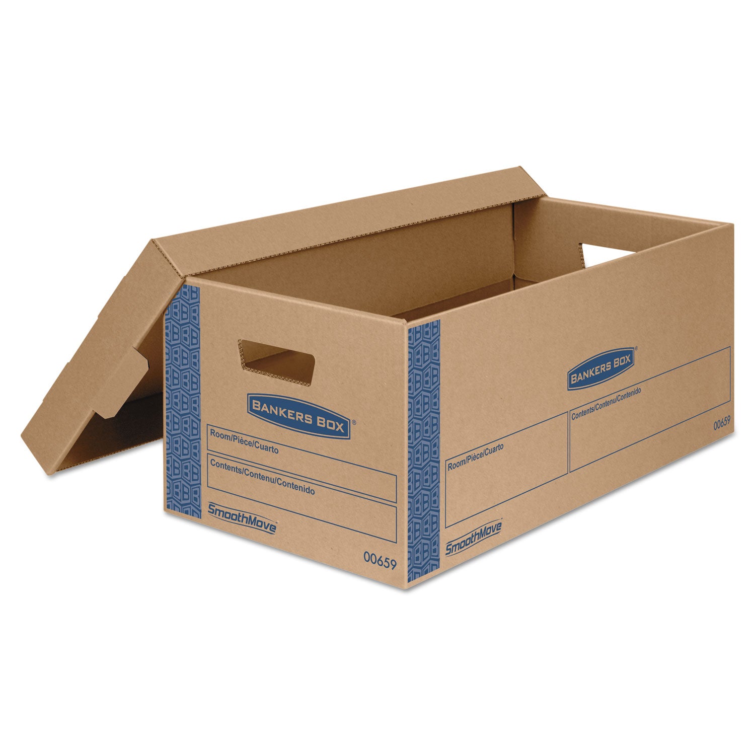 Bankers Box SmoothMove Moving Boxes, Double Wall, Lid Lock, Letter Size, Kraft/Blue, 8/Carton