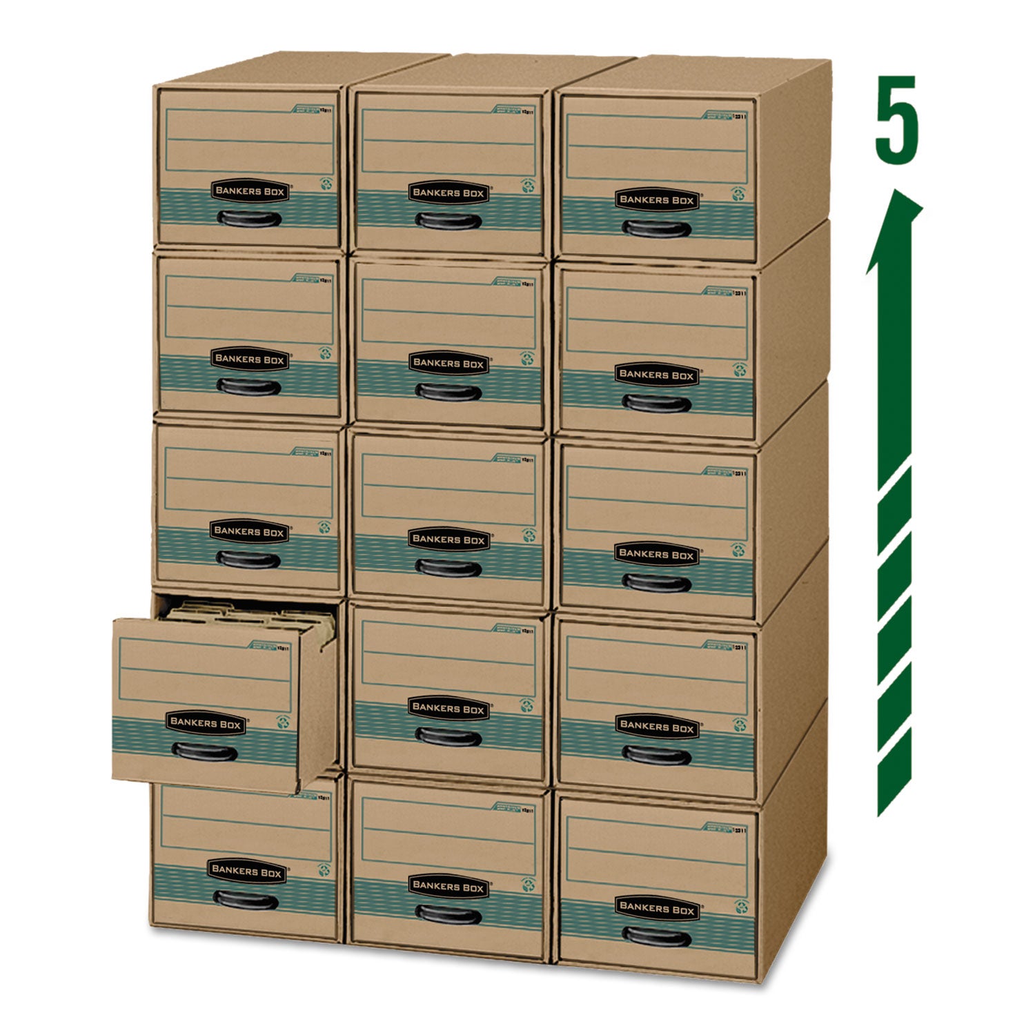 Bankers Box Recycled Stor/Drawer Steel Plus File Storage System, Letter Size, Heavy Duty, Stackable, Kraft/Green, 6/Carton