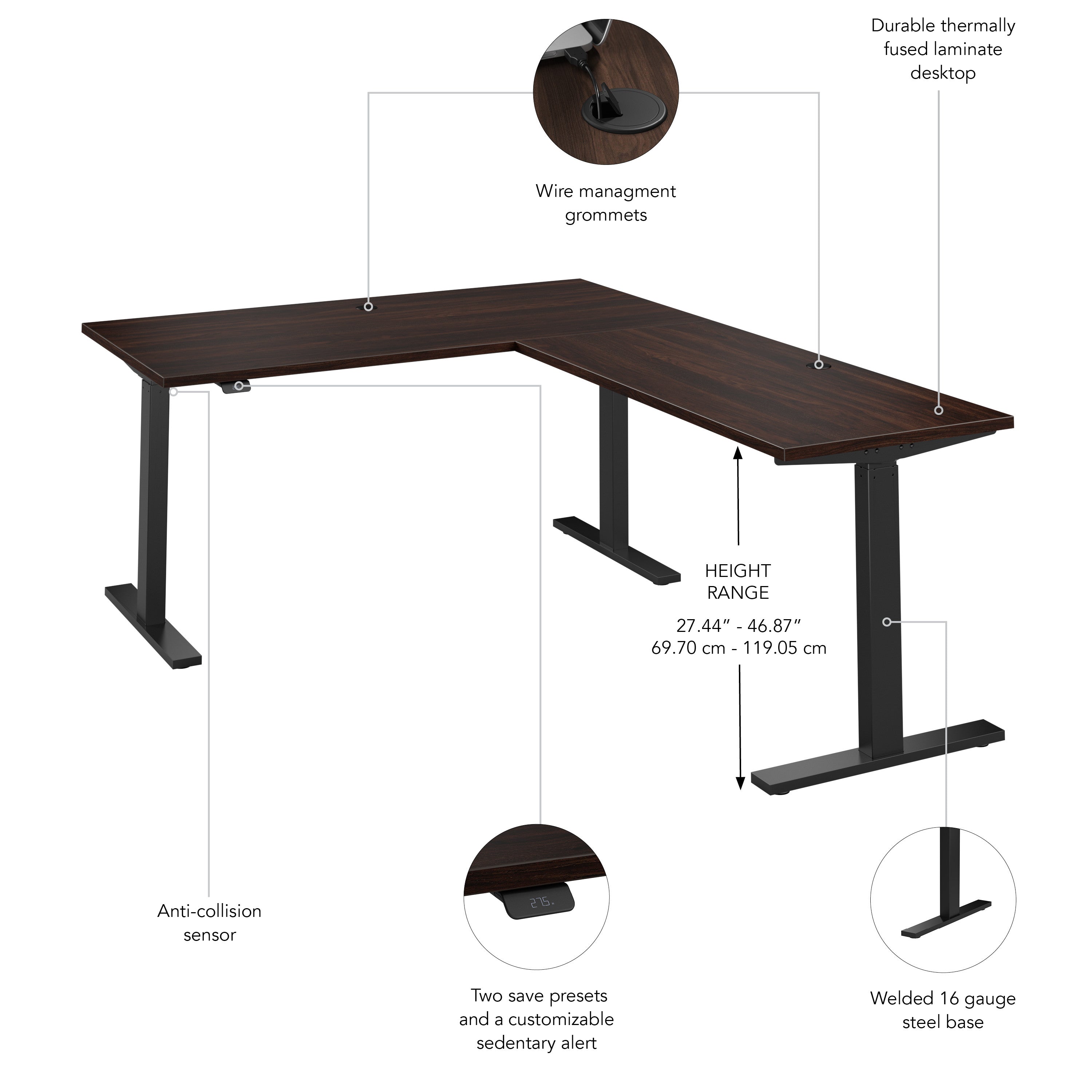 Bush Business Furniture Move 60 Series 60W Height Adjustable L Shaped Standing Desk in Black Walnut with Black Base - 59.45" Width x 76.97" Depth x 27.44" Height