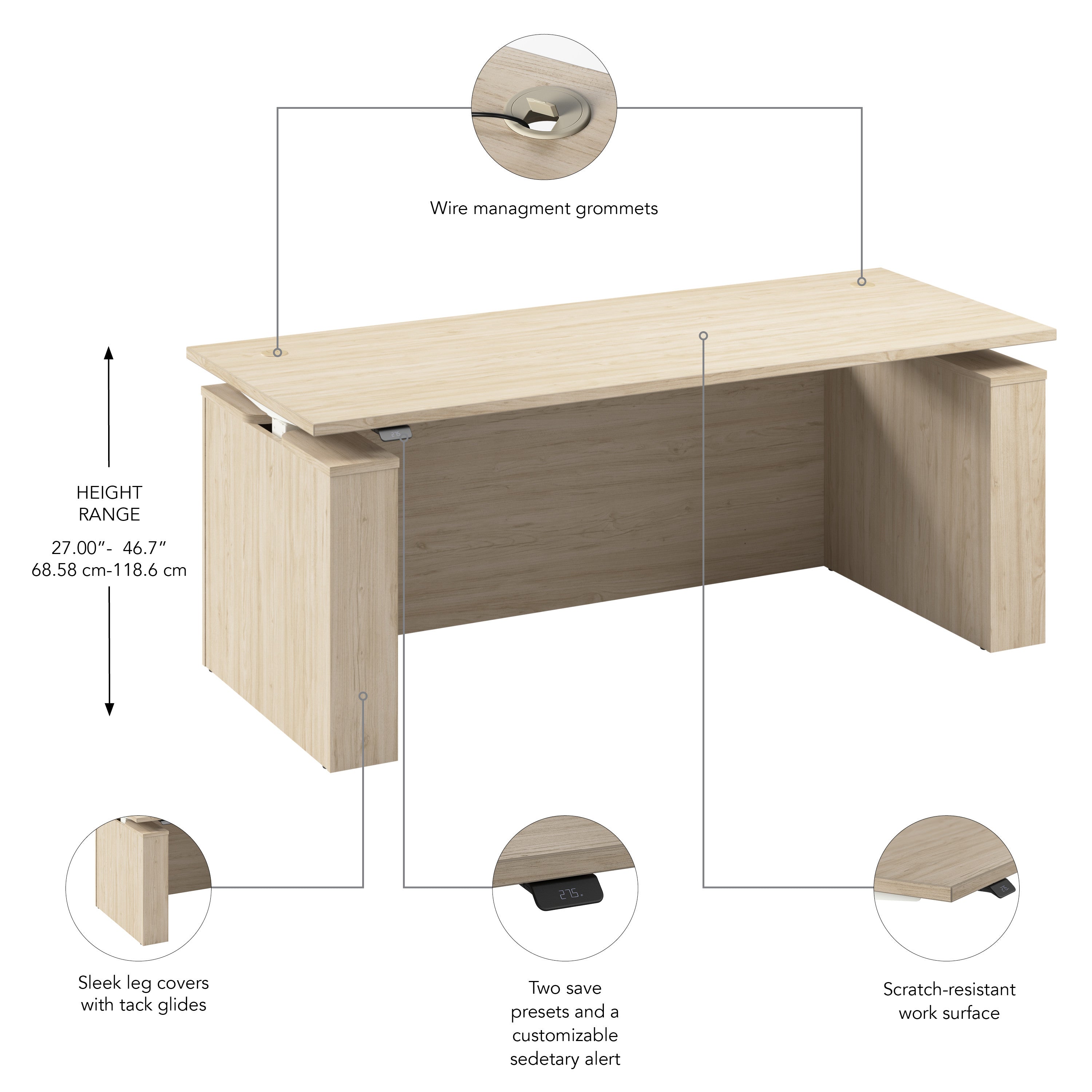 Bush Business Furniture Stratus&nbsp;72W x&nbsp;30D Electric Height Adjustable Standing Desk with Modesty Panel in Natural Elm with White Base - 71.02" Width x 29.37" Depth x 27.44" Height
