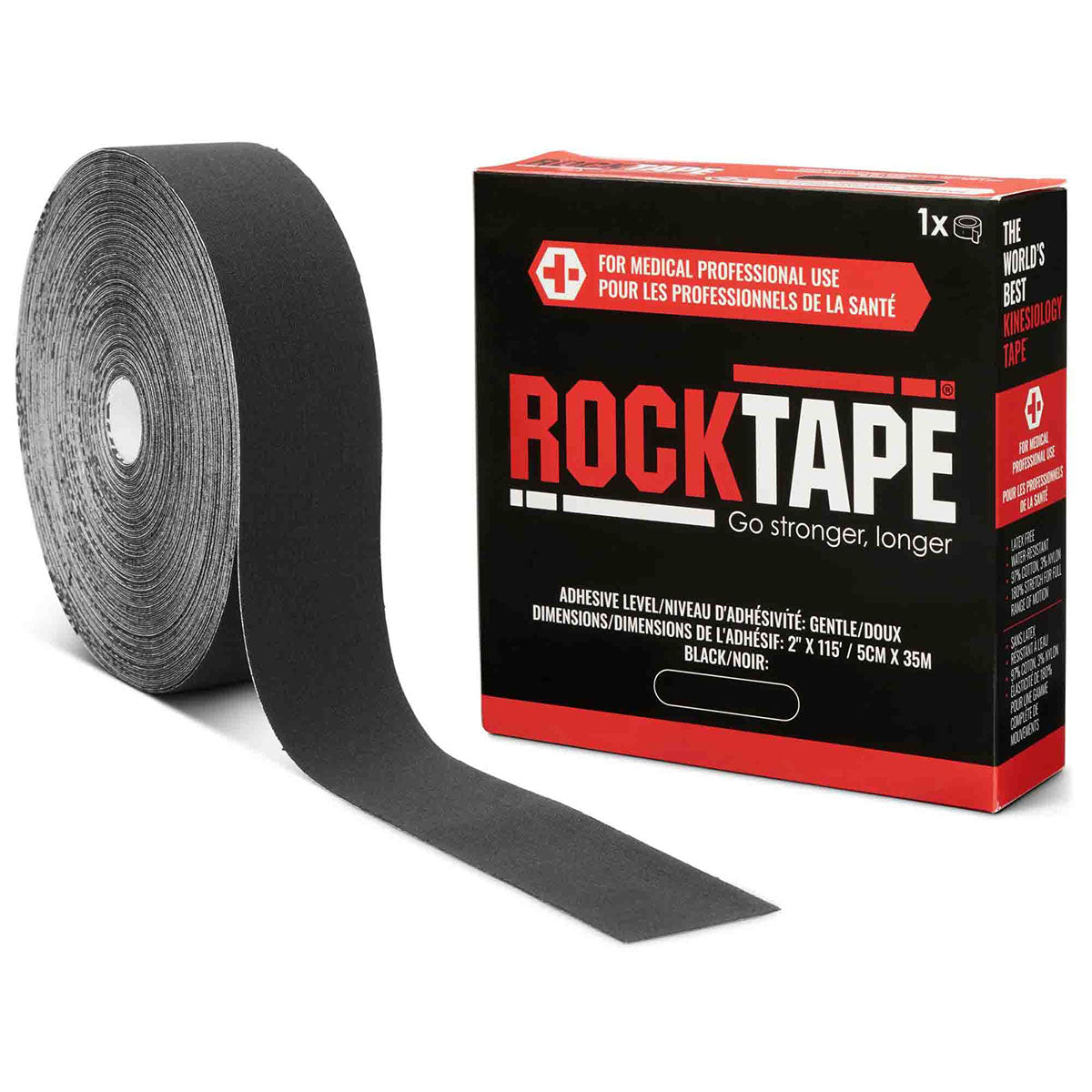 RockTape Bulk Roll, Gentle Adhesive, Black, 2" x 115'