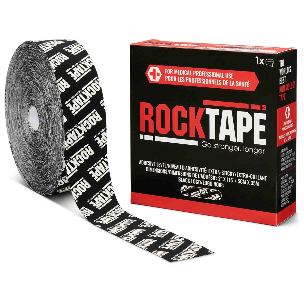RockTape Bulk Roll, Extra-Sticky Adhesive, Black Logo, 2" x 115'