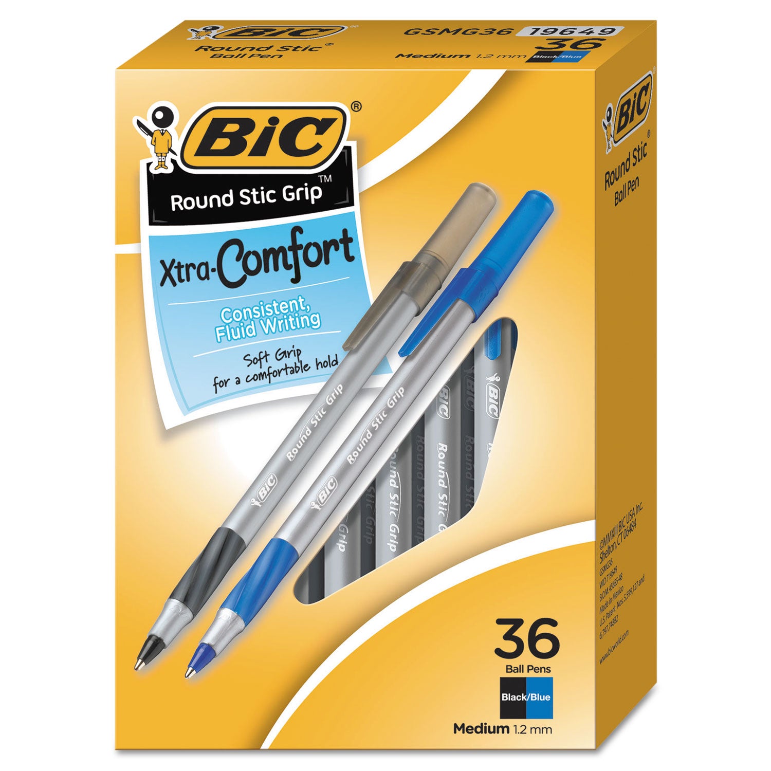 Round Stic Grip Xtra Comfort Ballpoint Pens, Medium Point (1.2mm), Assorted Colors, 36-Count Pack, Assorted Pens for Office Supplies