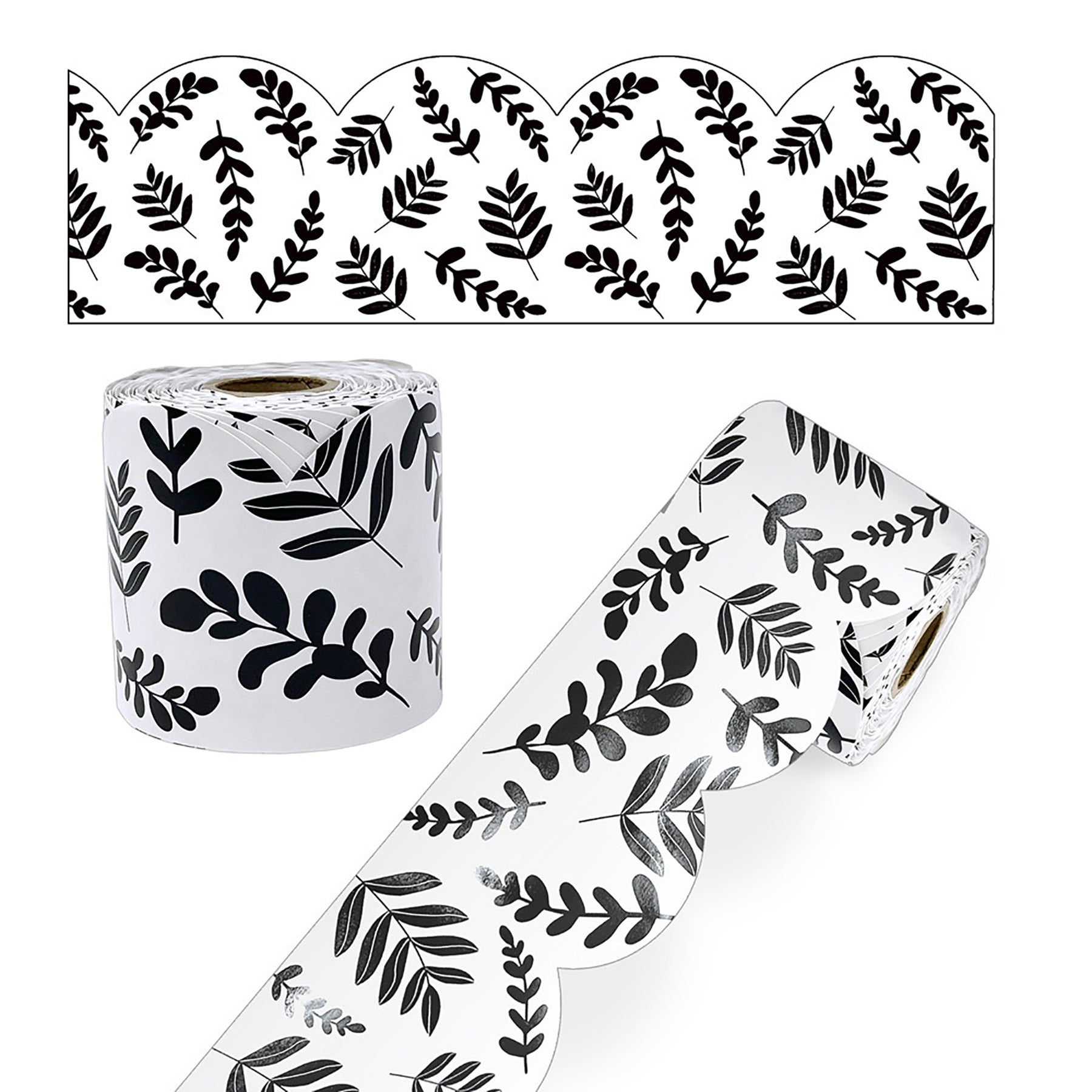 White with Black Leaves Rolled Scalloped Borders, 65 Feet