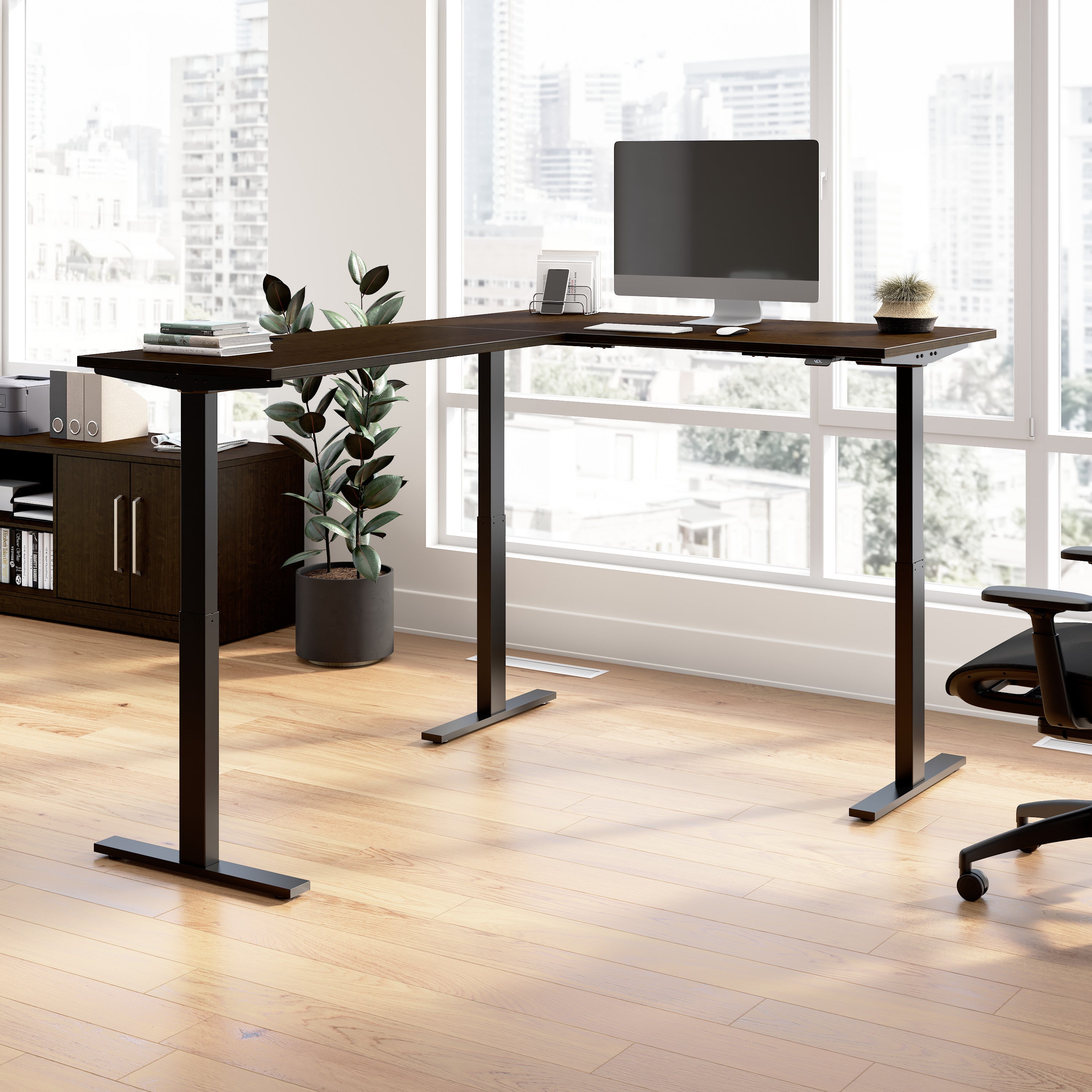 Bush Business Furniture Move 60 Series 60W Height Adjustable L Shaped Standing Desk in Mocha Cherry with Black Base - 59.45" Width x 76.97" Depth x 27.44" Height