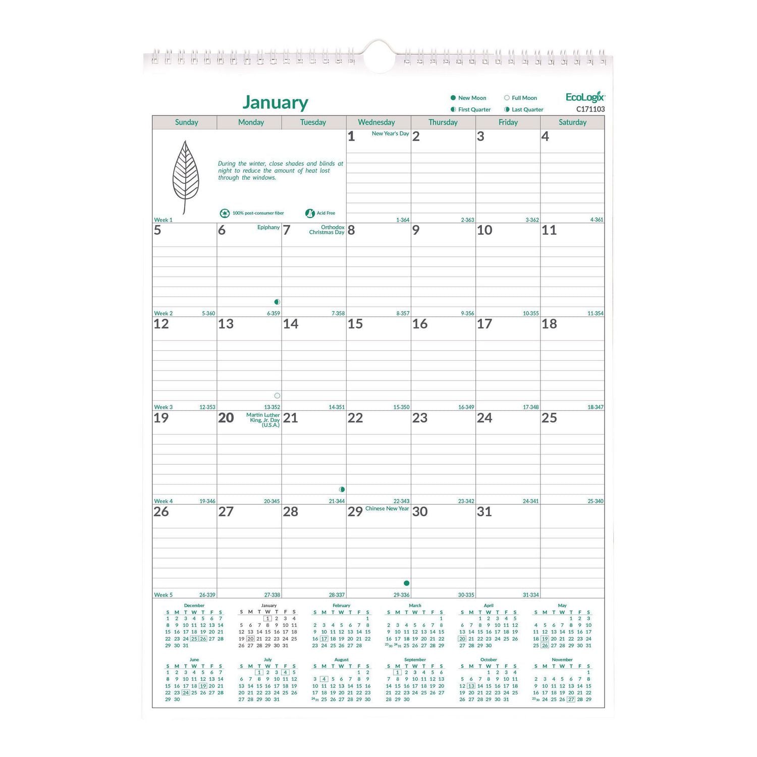 Brownline EcoLogix Monthly Wall Calendar, Twin-Wire Binding, 100% Recycled