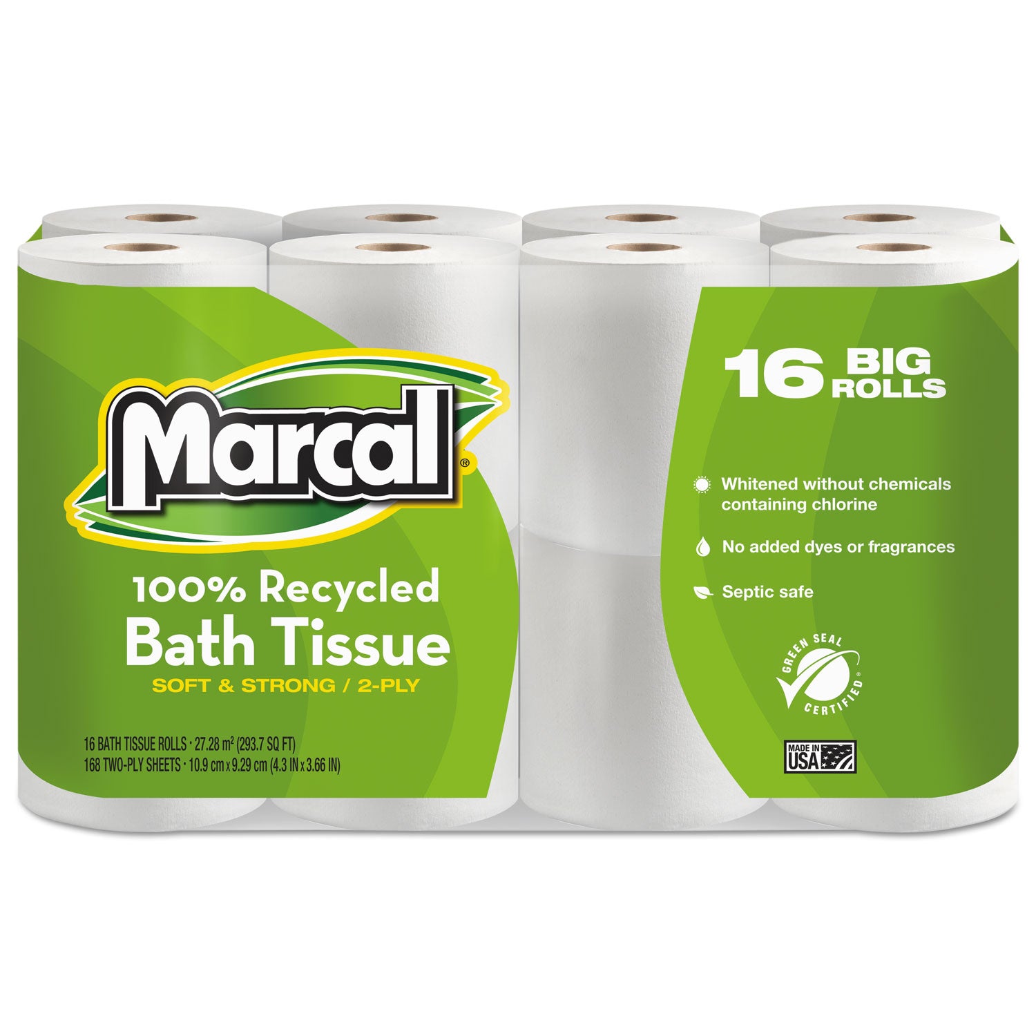 Marcal 100% Recycled Soft/Strong Bath Tissue - 2 Ply - 4.20" Width x 3.60" Length - 168 Sheets/Roll - White - 16 Rolls Per Pack - 1 Pack