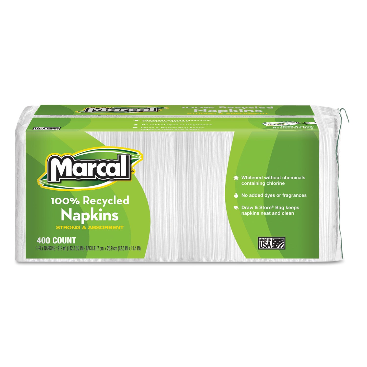 Marcal 100% Recycled Luncheon Napkins - 1 Ply - 12.50" Width x 11.40" Length - White - Paper - 400 / Pack