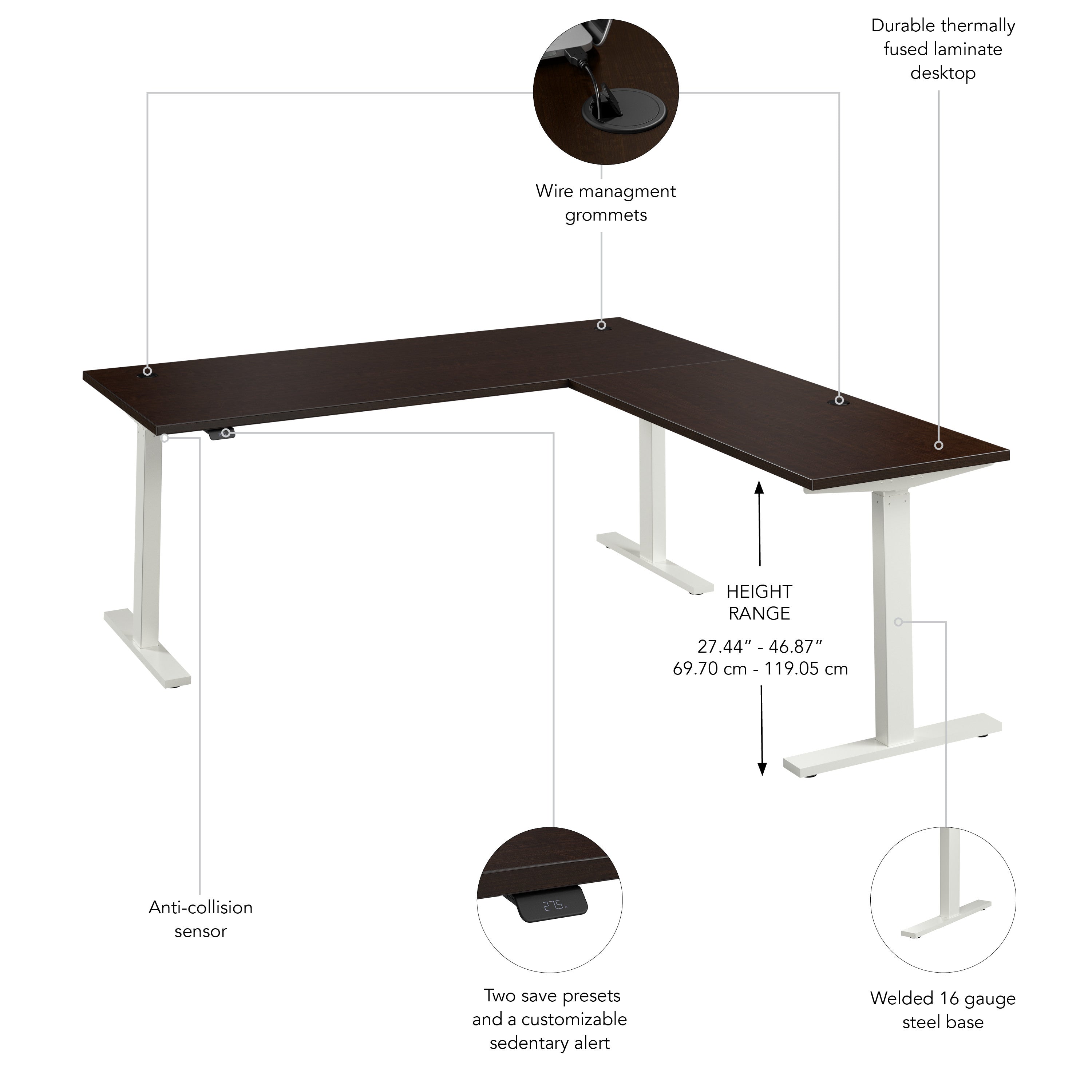 Bush Business Furniture Move 60 Series 72W Height Adjustable L Shaped Standing Desk in Mocha Cherry with White Base - 71.02" Width x 76.97" Depth x 27.44" Height