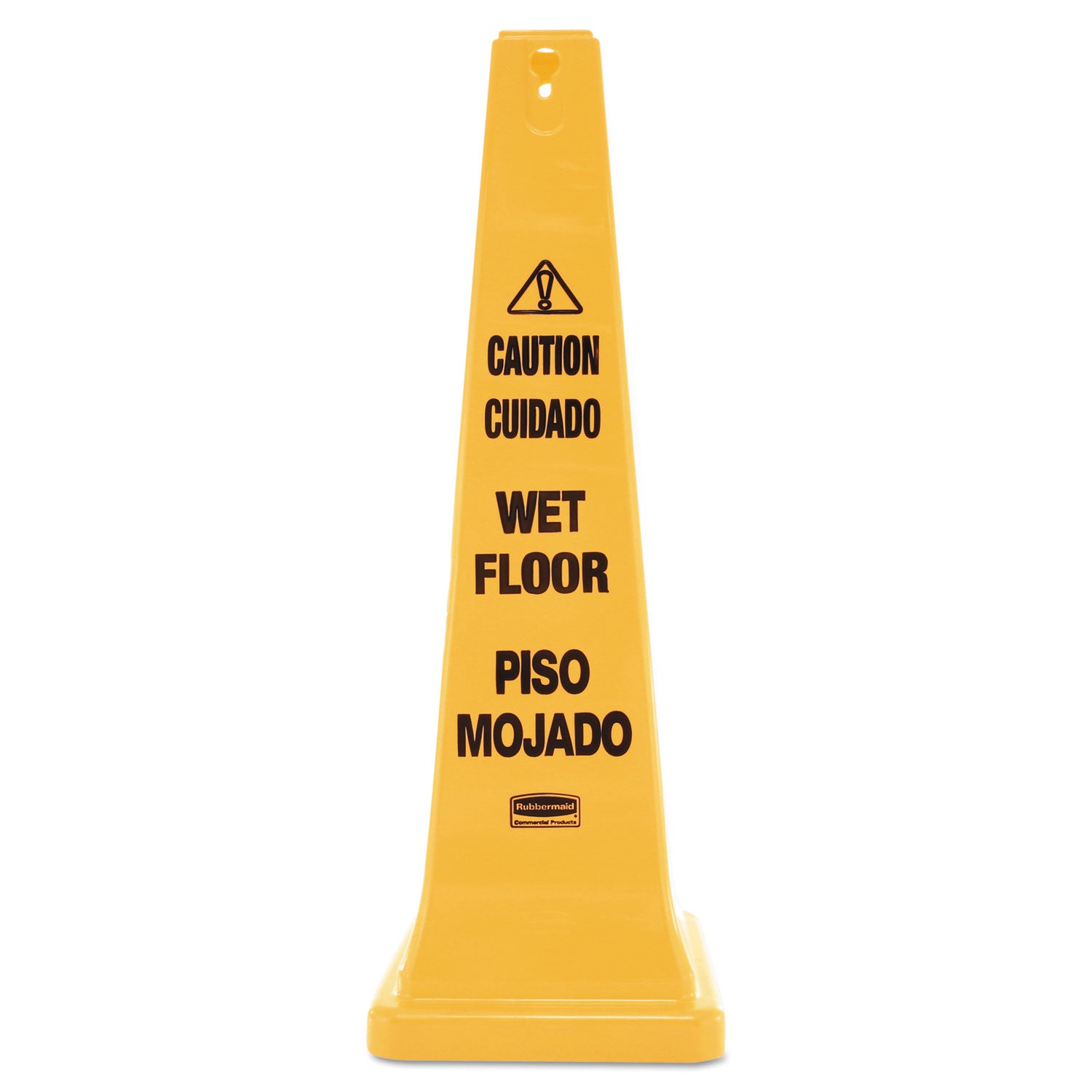 Rubbermaid Commercial 36" Safety Cone - Spanish, English - Print/Message "Caution" , "Wet Floor" - 12.2" Width x 36" Height x 12.2" Depth - Cone Shape - Stackable, Sturdy - Plastic - Bright Yellow - 1 Each