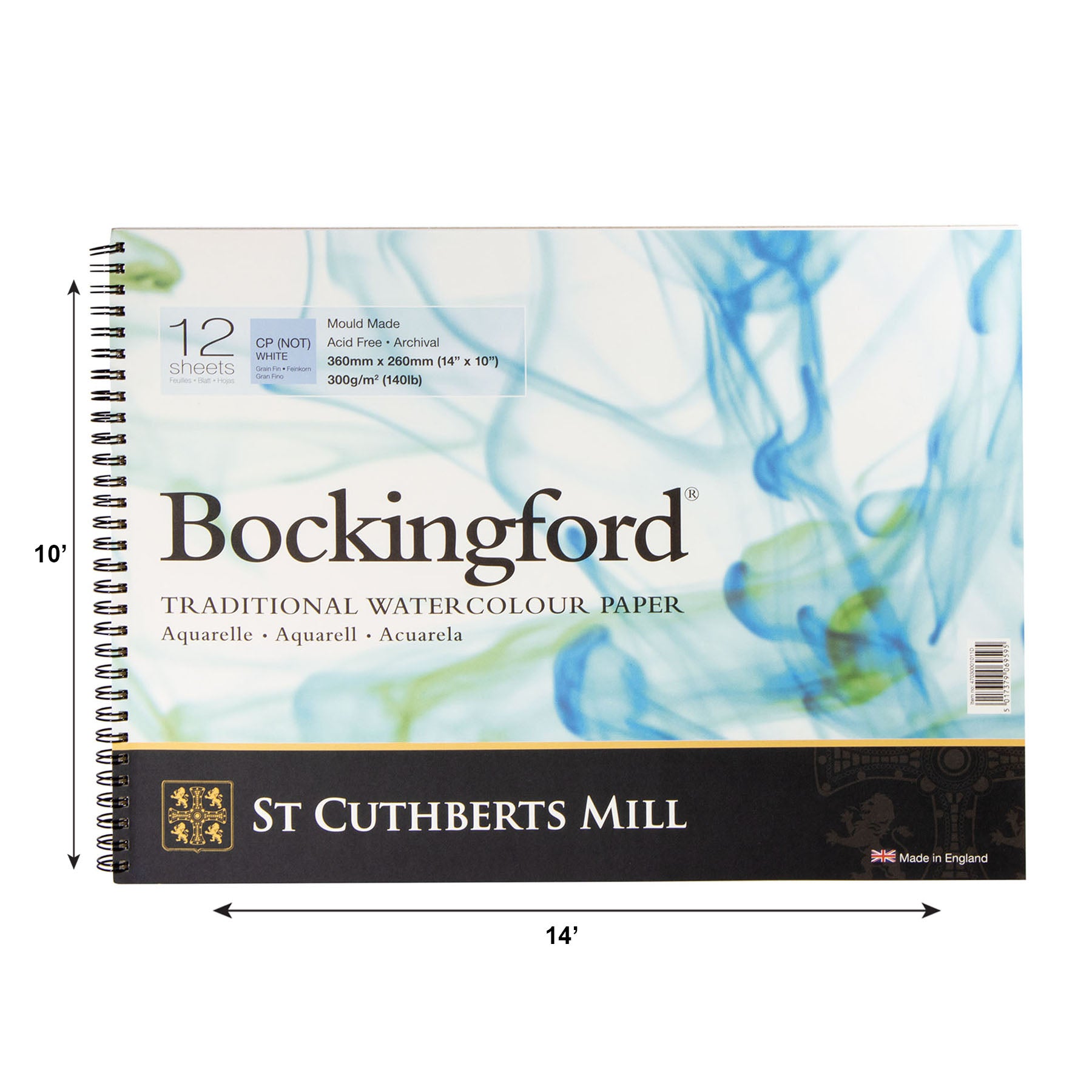 Bockingford Watercolor Pad, Cold Pressed, Spiral Binding, 140lb/300gsm, 12 Sheet, 10x14 inch, 1 Count