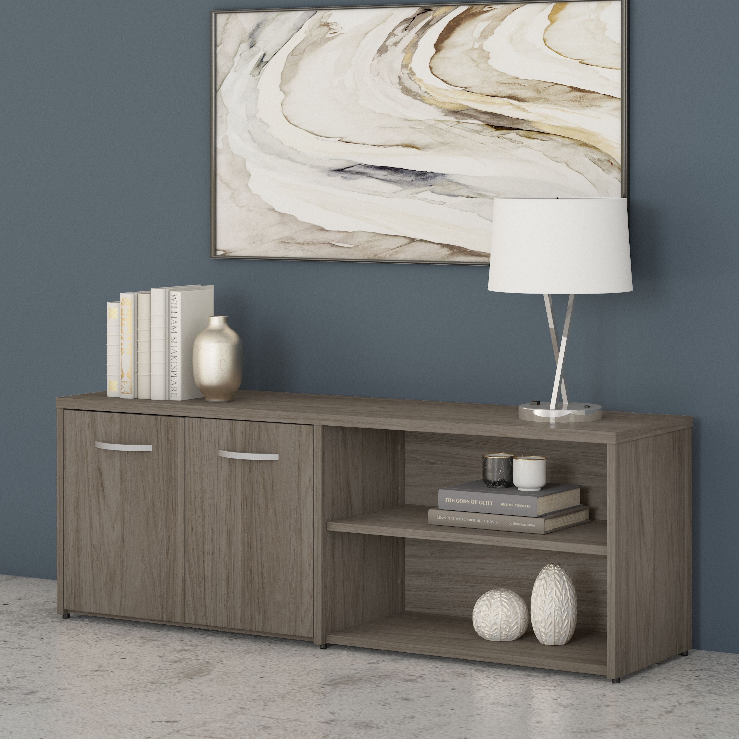 Bush Business Furniture Studio C Low Storage Cabinet with Doors and Shelves in Modern Hickory - 59.17" Width x 15.71" Depth x 21.2" Height