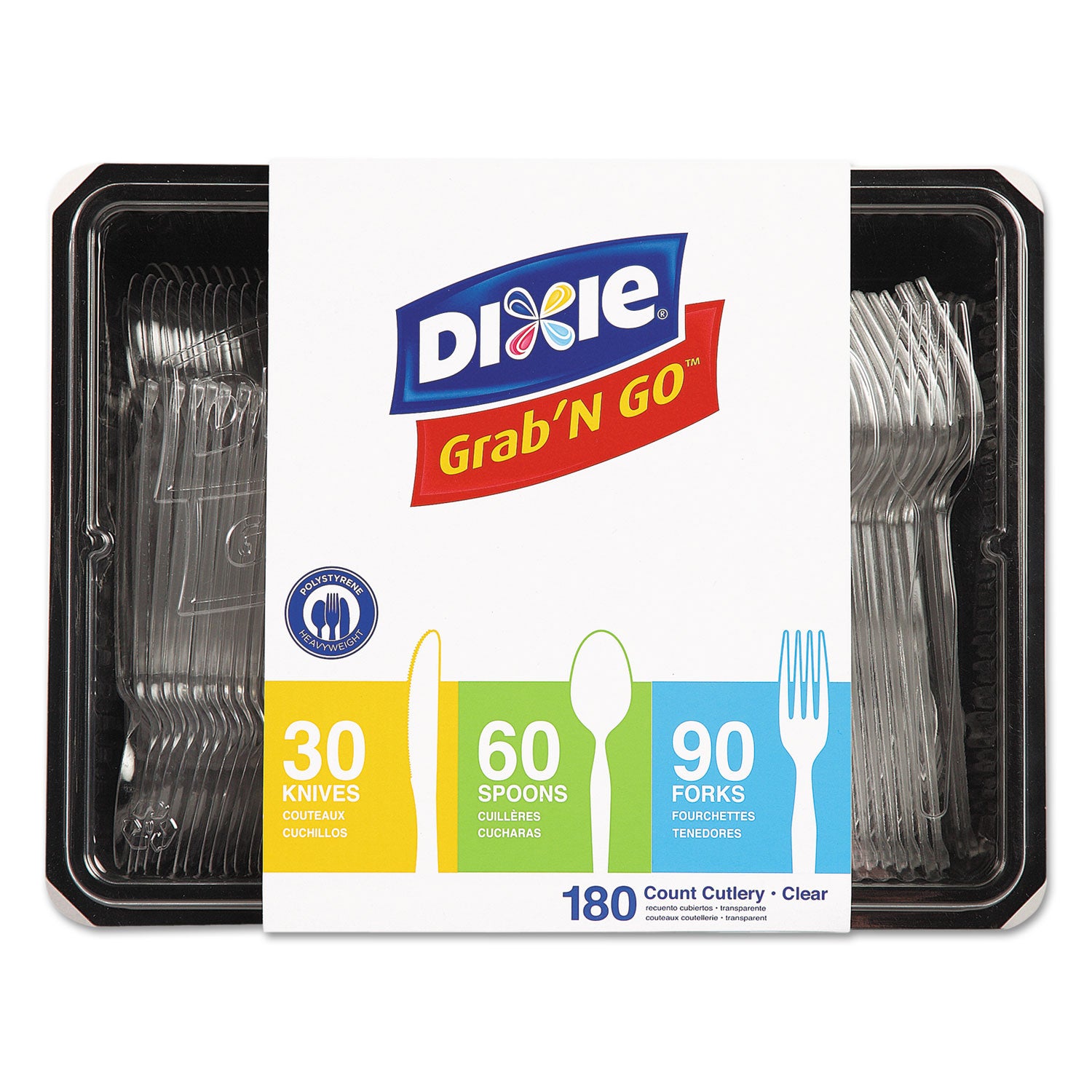 Heavyweight Polystyrene Cutlery, Fork/Knife/Spoon, Plastic, Clear, 180/Pack, 10 Packs/Carton