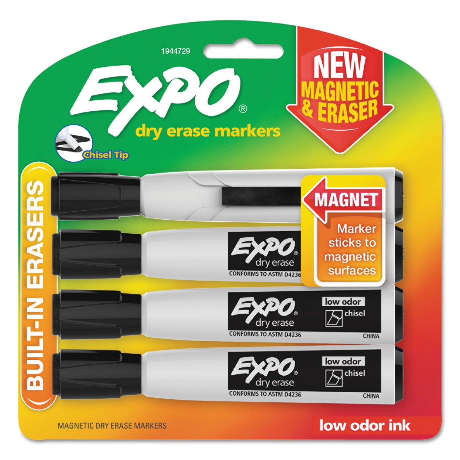 Magnetic Dry Erase Markers with Eraser, Chisel Tip, Black, 4-Count