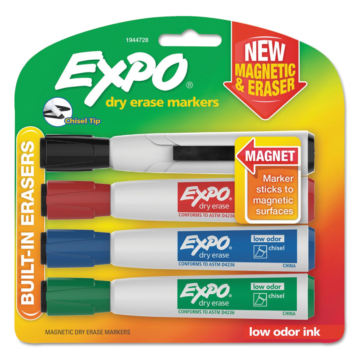 Magnetic Dry Erase Markers with Eraser, Chisel Tip, Assorted, 4-Count