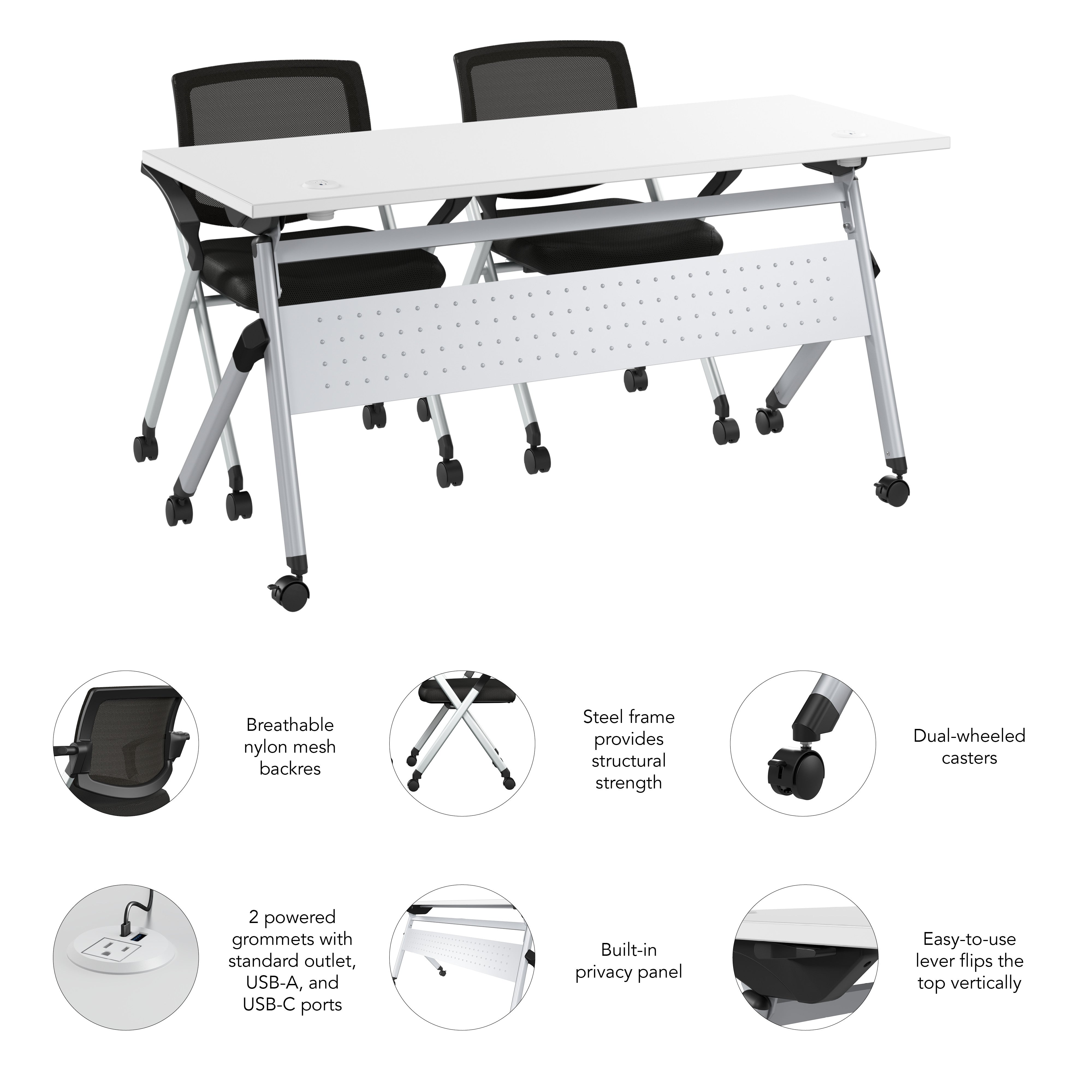 Bush Business Furniture Envision 60W Training Table with Powered Grommets and 2 Chairs with Arms in White - 59.45" Width x 23.54" Depth x 32.87" Height