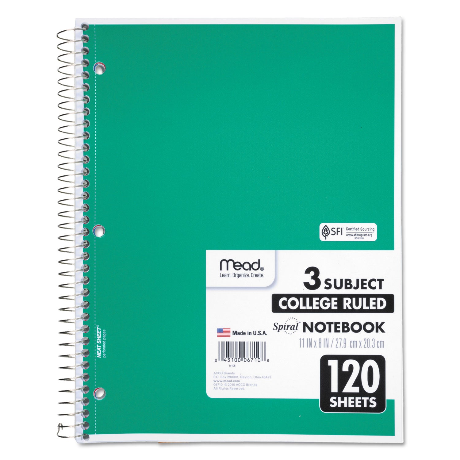 120 Sheets - Spiral - College Ruled Front Ruling - Letter - 8" x 11" Sheet Size - White Paper - Assorted Cover - Back Board - 1 Each