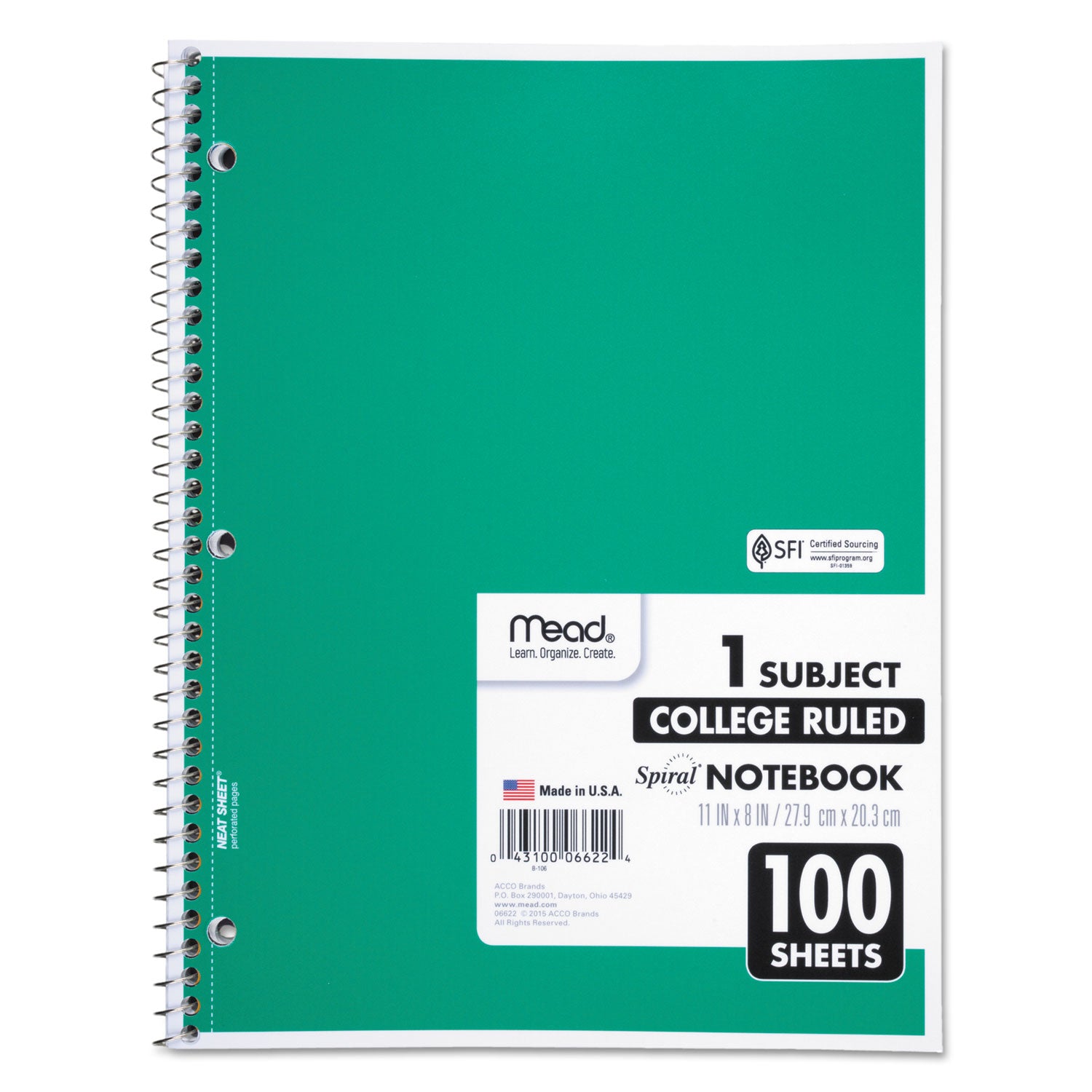 Mead One-subject Spiral Notebook - 100 Sheets - Spiral - College Ruled Front Ruling - 8" x 10 1/2" Sheet Size x 8" Width x 10.5" Length - White Paper - Back Board - 1 Each