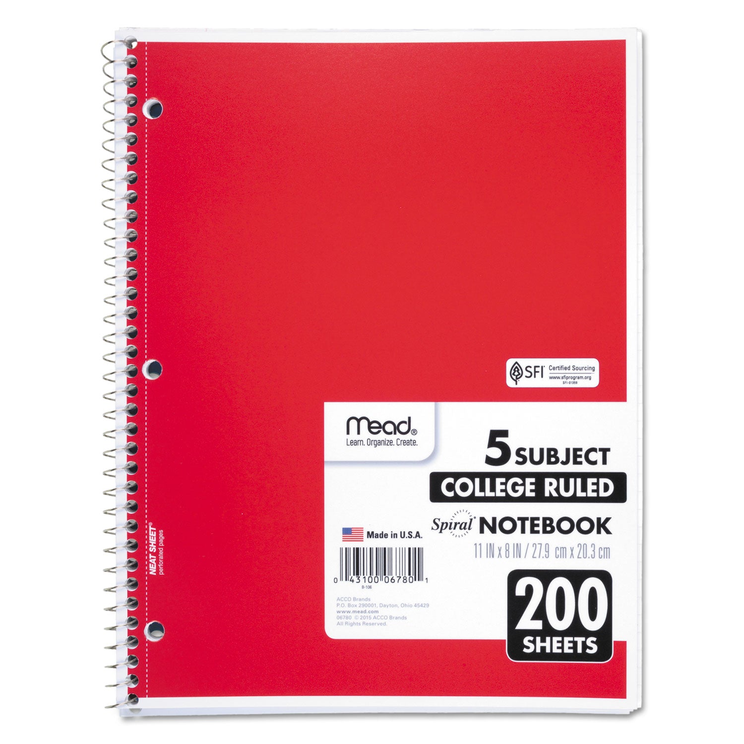 200 Sheets - Spiral - College Ruled Front Ruling - Letter - 8 1/2" x 11" Sheet Size - White Paper - Assorted Cover - Back Board, Heavyweight - 1 Each