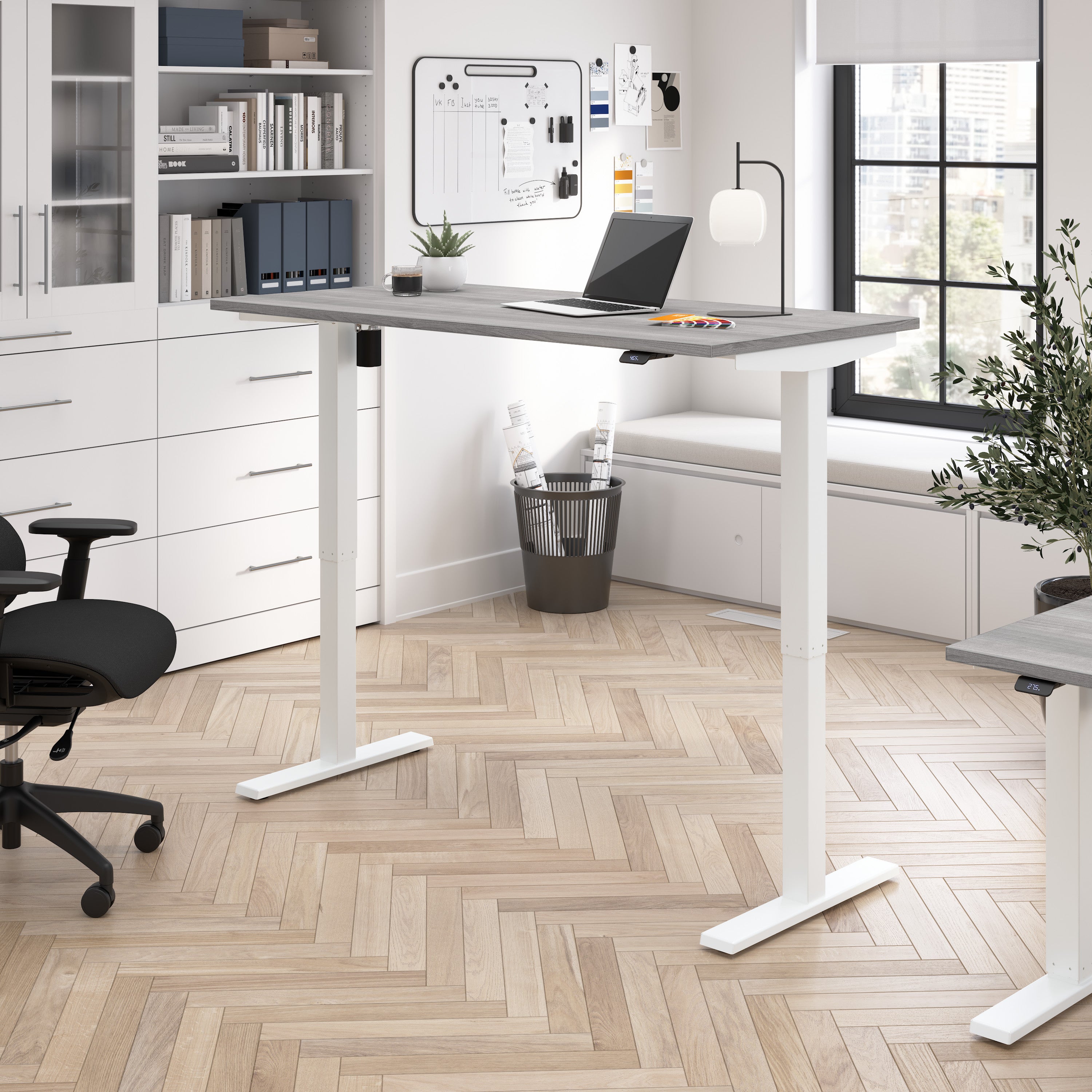 Bush Business Furniture Move 40 Series 60W x 30D Electric Height Adjustable Standing Desk in Platinum Gray with White Base - 59.45" Width x 29.37" Depth x 28.17" Height