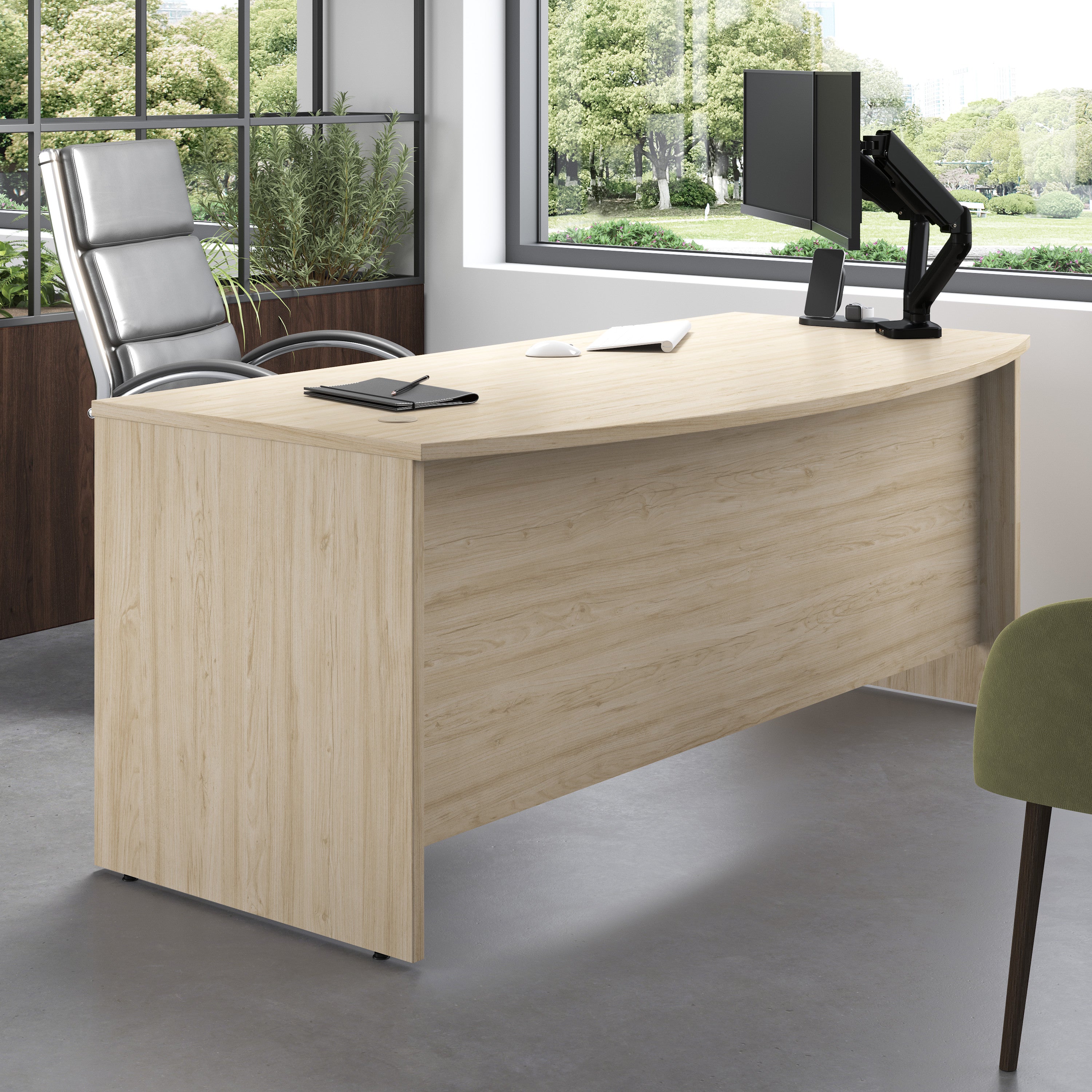 Bush Business Furniture Studio C 72W x 36D Bow Front Desk in Natural Elm - 71.02" Width x 35.43" Depth x 29.84" Height