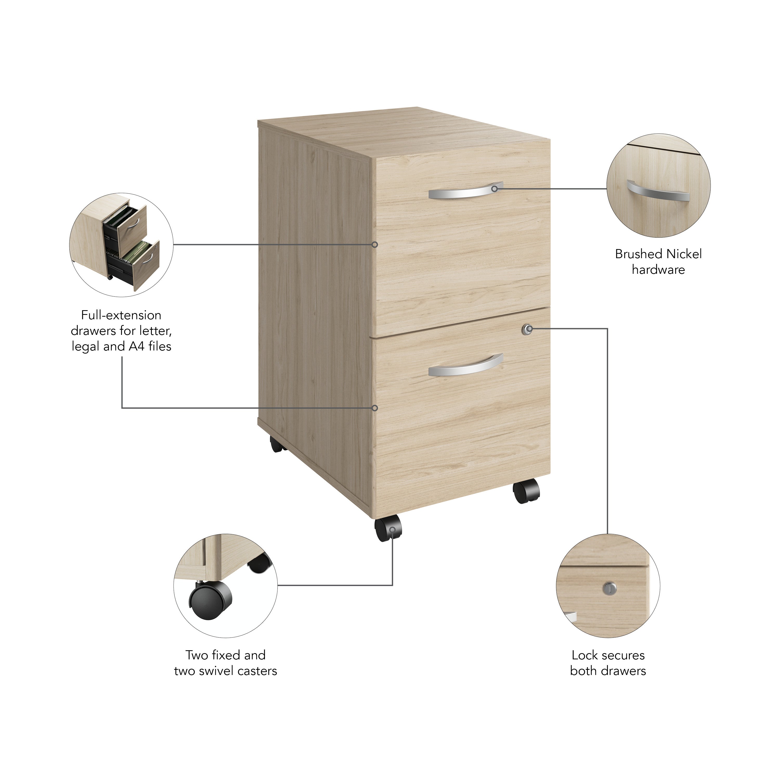 Bush Business Furniture Studio C 2 Drawer Mobile File Cabinet in Natural Elm - Assembled - 15.71" Width x 20.2" Depth x 27.79" Height
