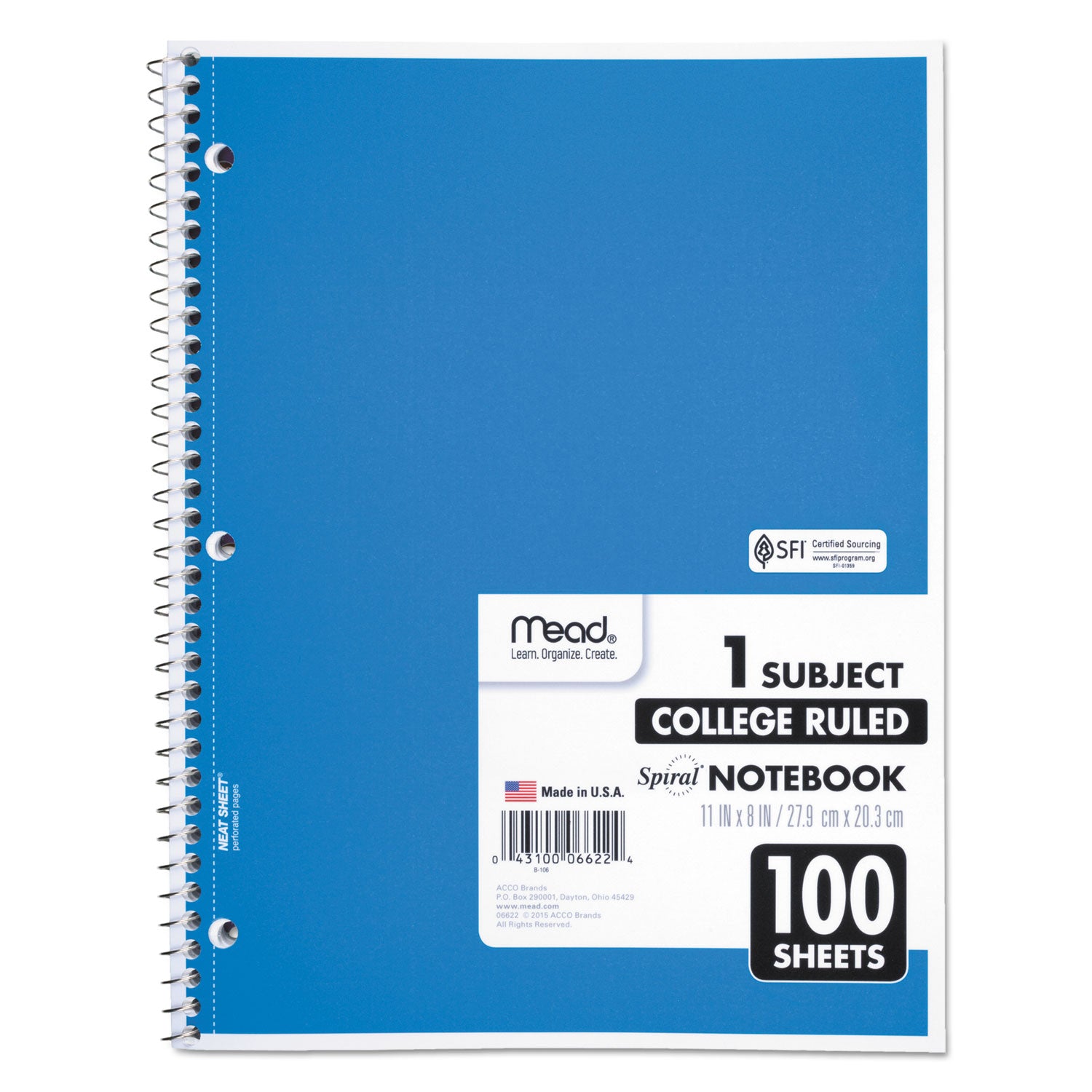 Mead One-subject Spiral Notebook - 100 Sheets - Spiral - College Ruled Front Ruling - 8" x 10 1/2" Sheet Size x 8" Width x 10.5" Length - White Paper - Back Board - 1 Each