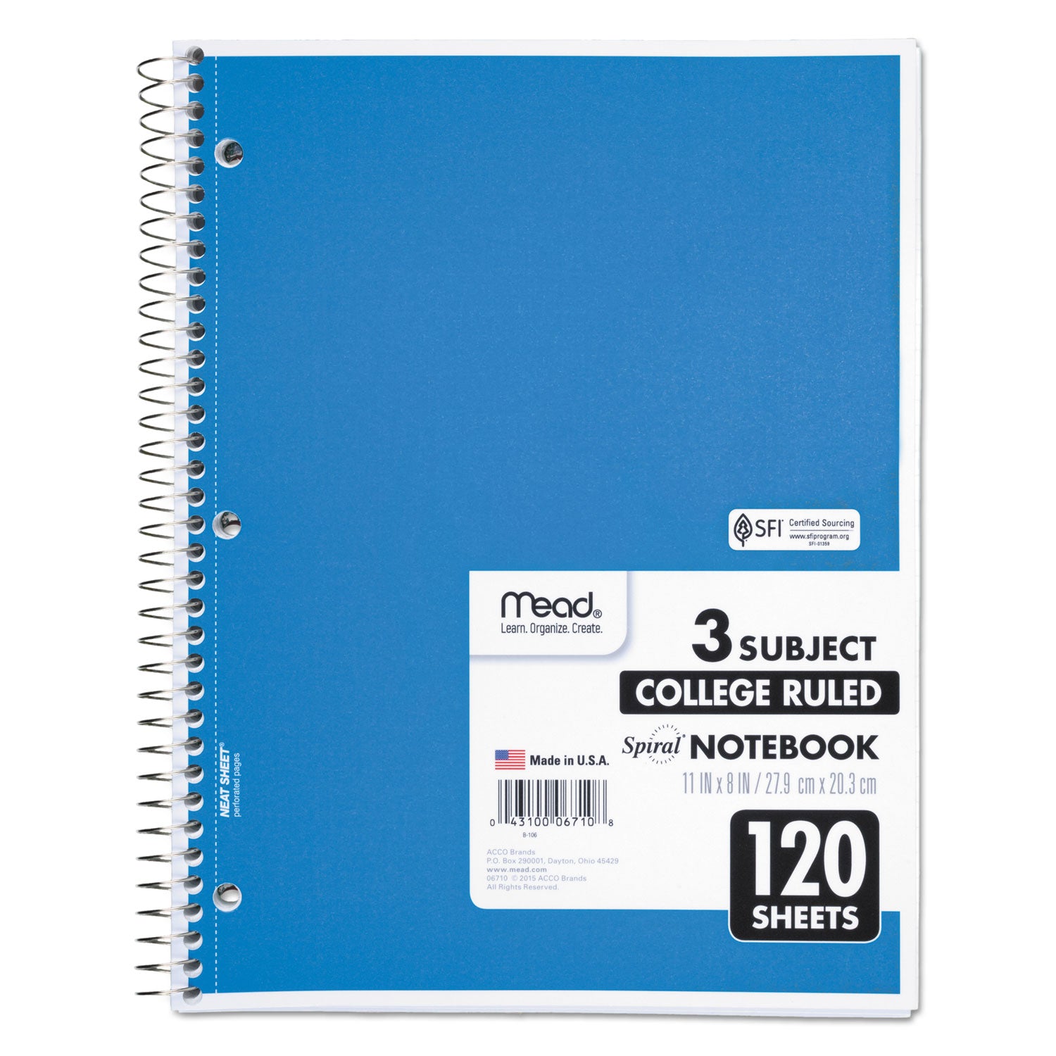 120 Sheets - Spiral - College Ruled Front Ruling - Letter - 8" x 11" Sheet Size - White Paper - Assorted Cover - Back Board - 1 Each
