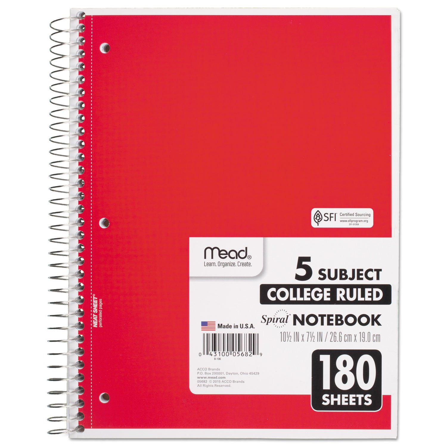 180 Sheets - Wire Bound - College Ruled Front Ruling - 7 1/2" x 10 1/2" Sheet Size - White Paper - Blue, Green, Red Cover - Divider, Compact, Subject - 1 Each