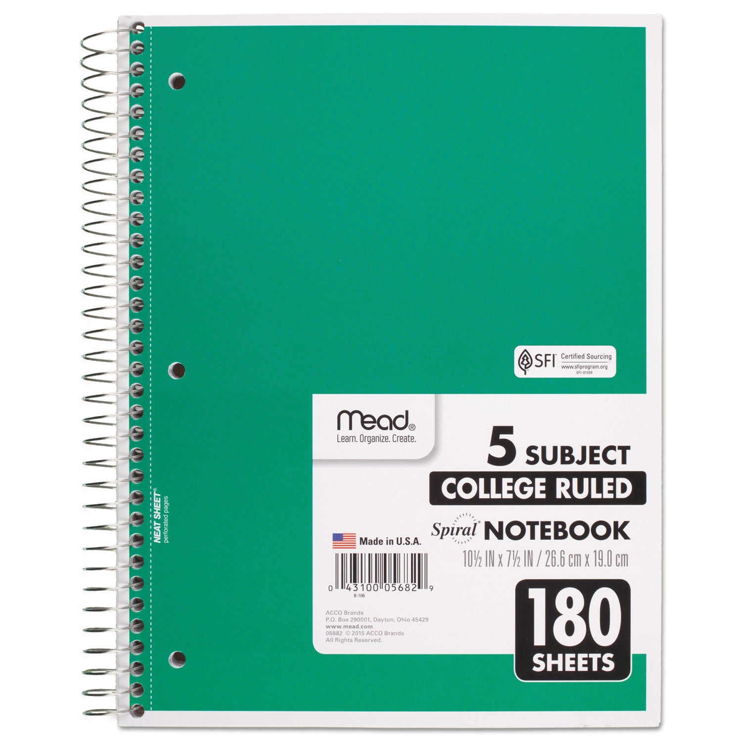 180 Sheets - Wire Bound - College Ruled Front Ruling - 7 1/2" x 10 1/2" Sheet Size - White Paper - Blue, Green, Red Cover - Divider, Compact, Subject - 1 Each