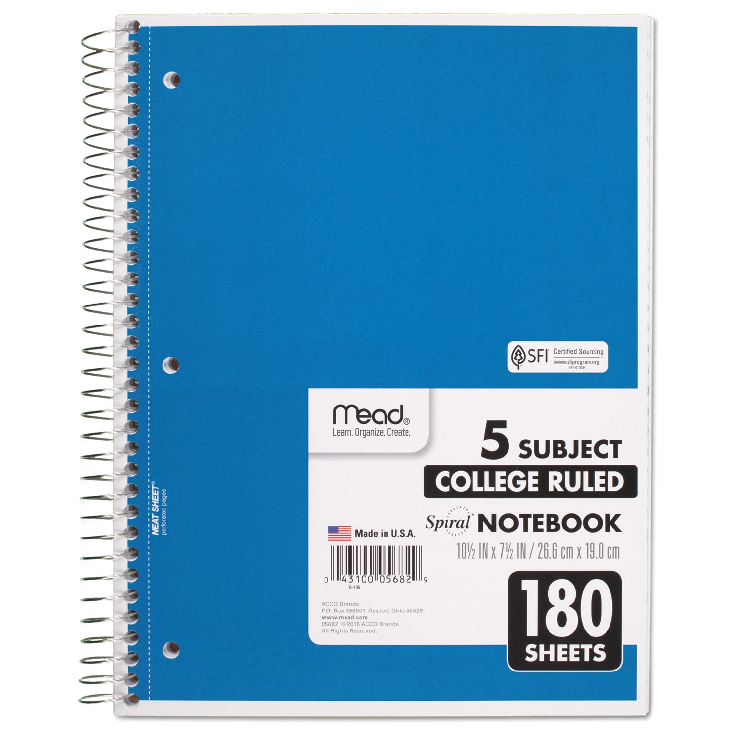 180 Sheets - Wire Bound - College Ruled Front Ruling - 7 1/2" x 10 1/2" Sheet Size - White Paper - Blue, Green, Red Cover - Divider, Compact, Subject - 1 Each
