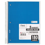 180 Sheets - Wire Bound - College Ruled Front Ruling - 7 1/2" x 10 1/2" Sheet Size - White Paper - Blue, Green, Red Cover - Divider, Compact, Subject - 1 Each