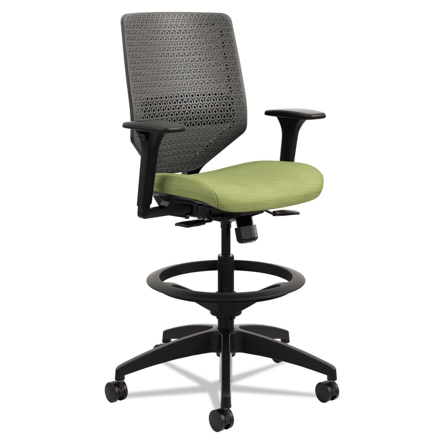 HON Solve Sitting Stool - Fabric Seat Material - Charcoal Back Color - Mesh Back Material - Black Frame Color - Mid Back - 5-star Base - Meadow - 1 Each