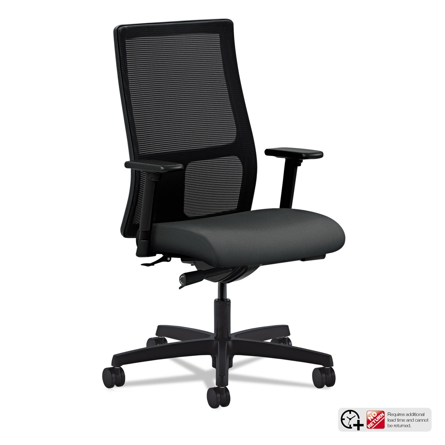 HON Ignition Mid-Back Task Chair, Iron Ore Fabric Seat, Black Mesh Back, Adjustable Arms, 5-Star Black Base, 1 Each