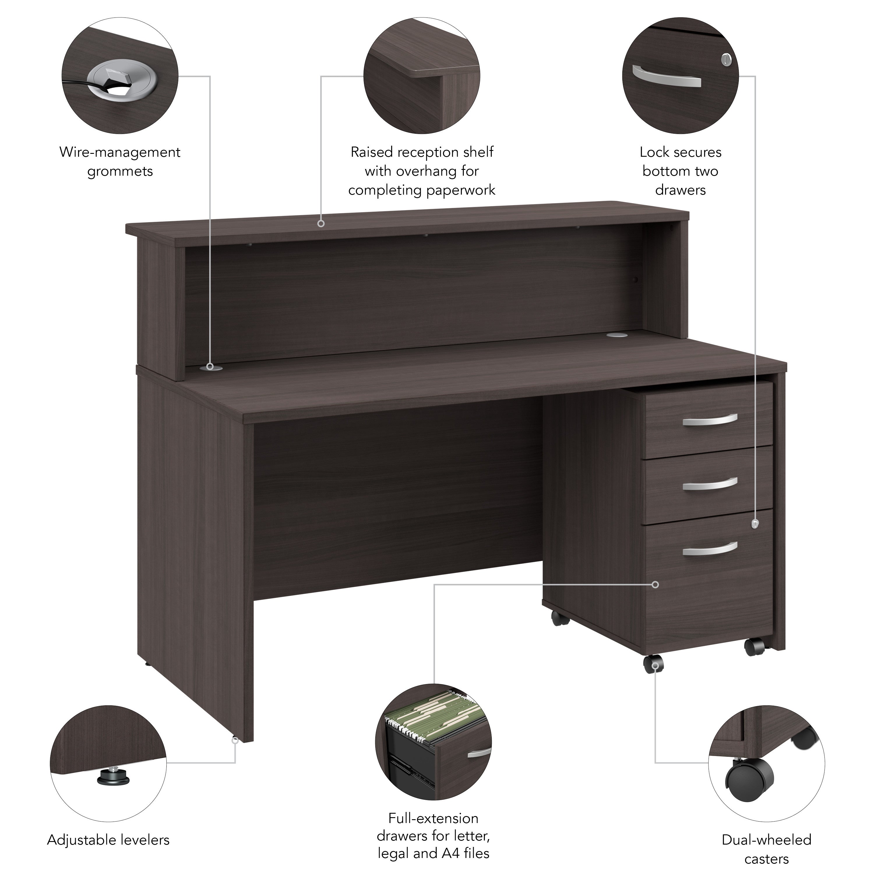 Bush Business Furniture Arrive 60W x 30D Reception Desk with Shelf and Mobile File Cabinet in Storm Gray - 59.45" Width x 29.37" Depth x 43.71" Height