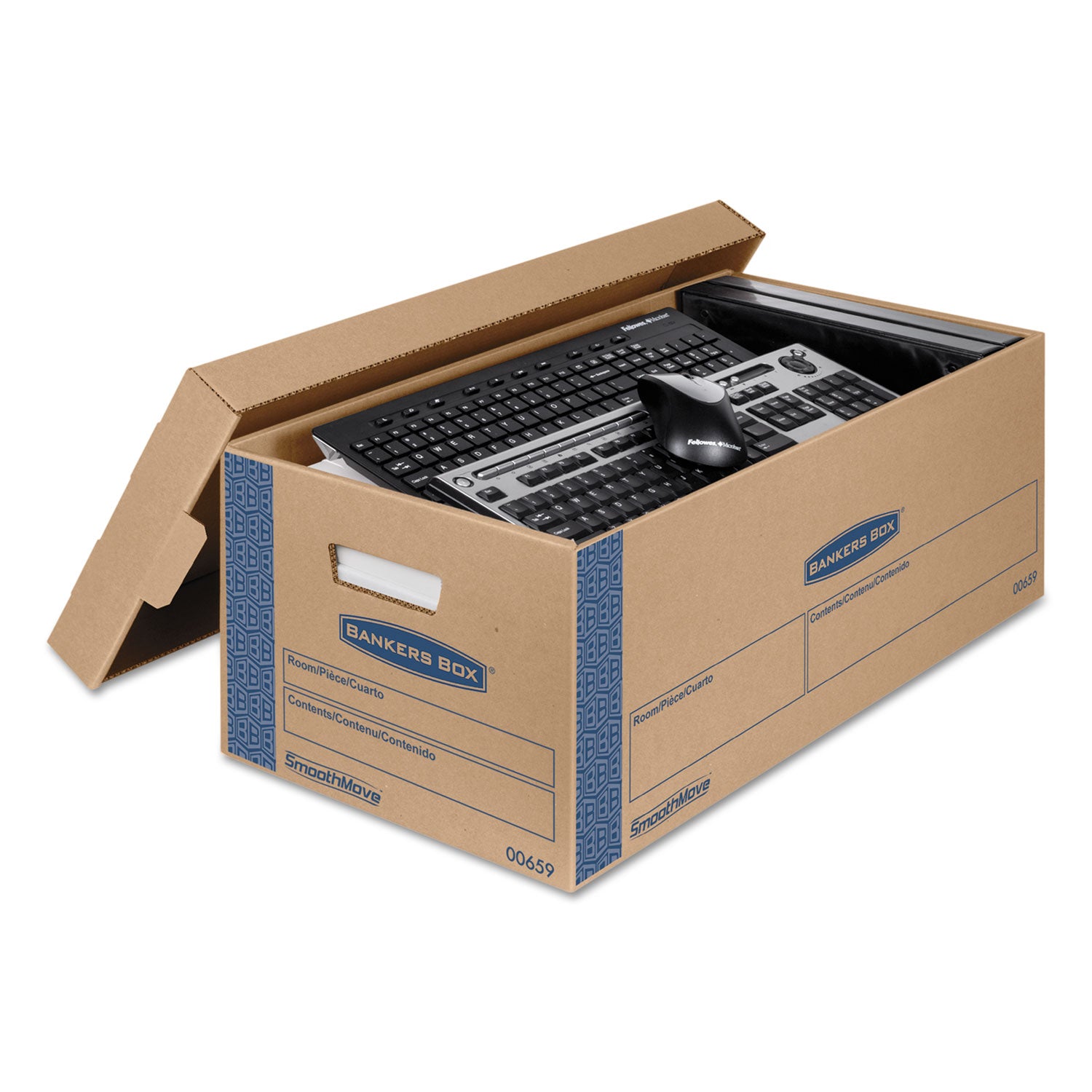Bankers Box SmoothMove Moving Boxes, Double Wall, Lid Lock, Letter Size, Kraft/Blue, 8/Carton