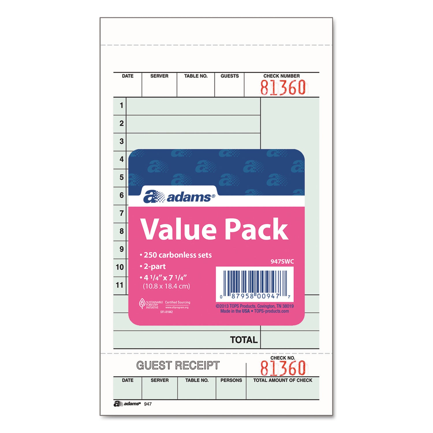 Multi-Part Guest Check Unit Sets, Two-Part Carbonless, 4.25 x 6.75, 250 Forms Total