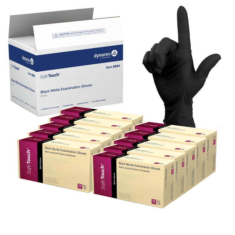 Safe-Touch Black Nitrile Exam Gloves, Small, Powder-Free, Black - 100 pcs per Box/10 boxes per Case