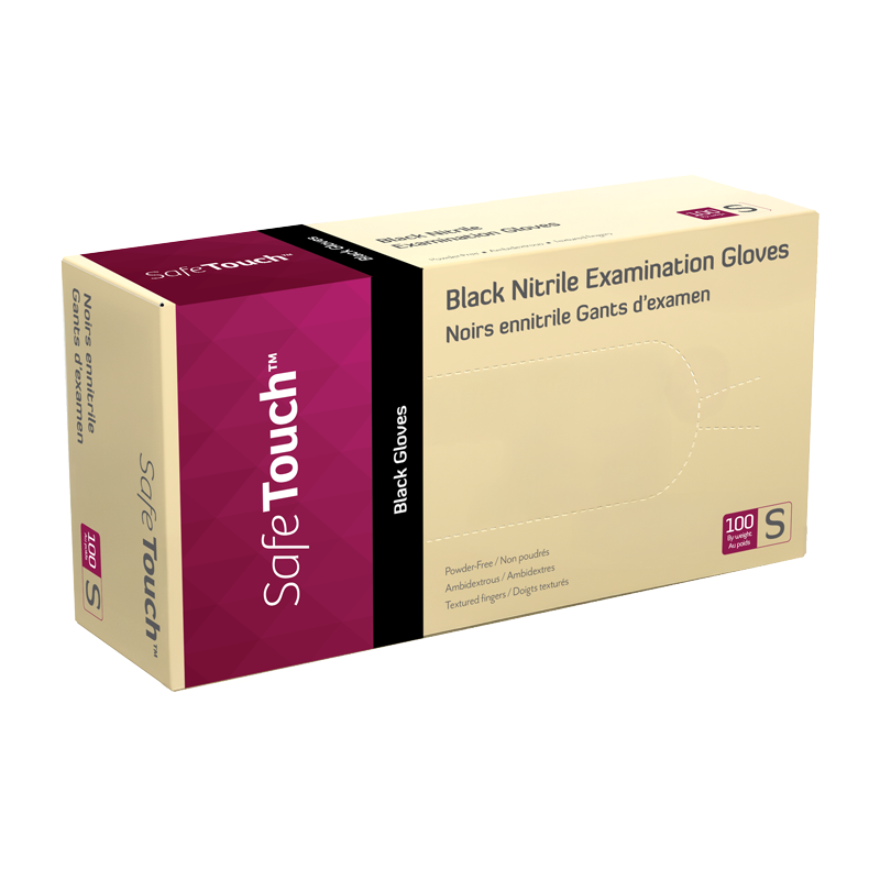 Safe-Touch Black Nitrile Exam Gloves, Small, Powder-Free, Black - 100 pcs per Box/10 boxes per Case