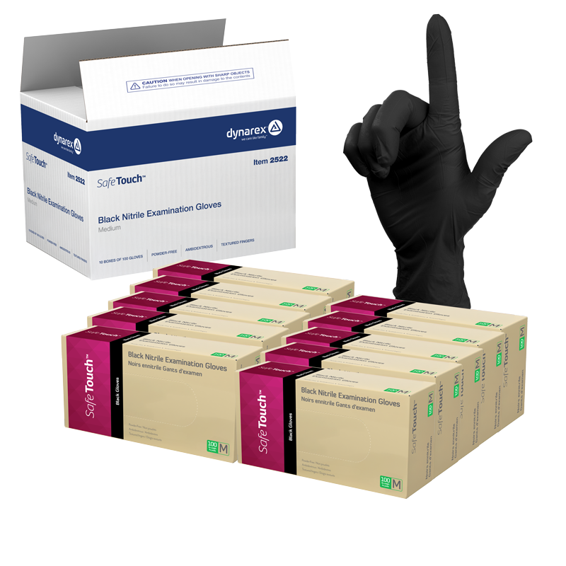 Safe-Touch Black Nitrile Exam Gloves, Medium, Black, Powder-Free - 100 pcs per Box/10 boxes per Case