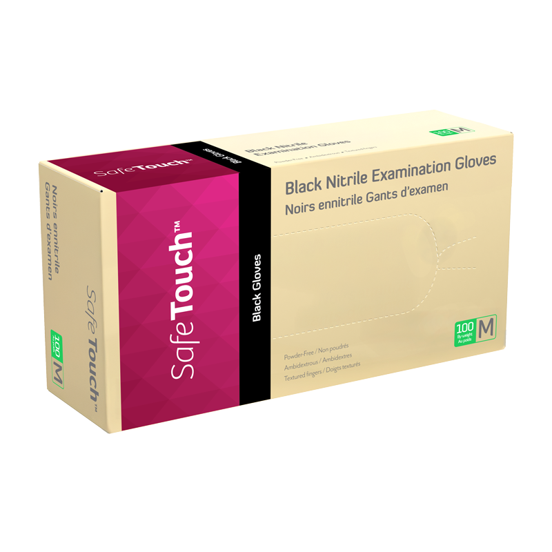 Safe-Touch Black Nitrile Exam Gloves, Medium, Black, Powder-Free - 100 pcs per Box/10 boxes per Case